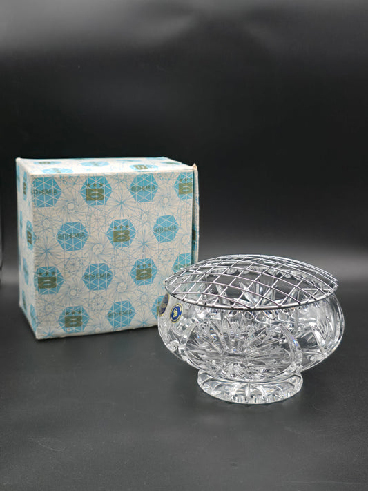 Bohemia Lead Crystal Rose Bowl with Double Mesh Frog – 6” Boxed, Hand Cut Star Base, Made in Czechoslovakia
