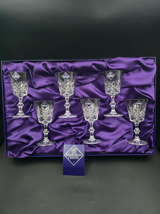 Set of 6 Edinburgh Crystal Lomond‑Pattern Port/Wine Glasses – Knopped Stem, Original Stickers & Box – 125 ml