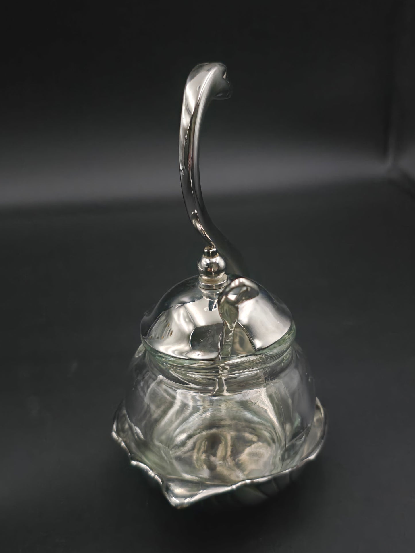 Vintage Chrome Swan Sugar Bowl with Spoon – Glass Insert – Art Deco Style Condiment Dish