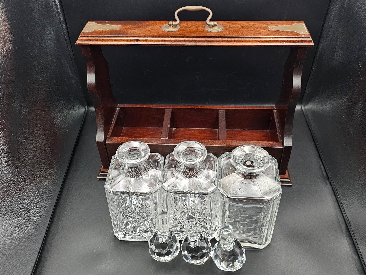 Beautiful Triple Decanter Tantalus with working lock and key