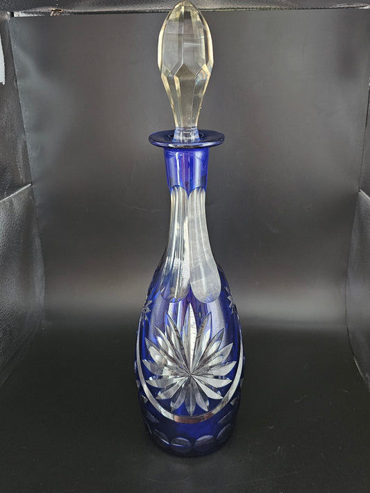 Cobalt Blue Cut to Clear Crystal Bohemian Decanter. 39cm