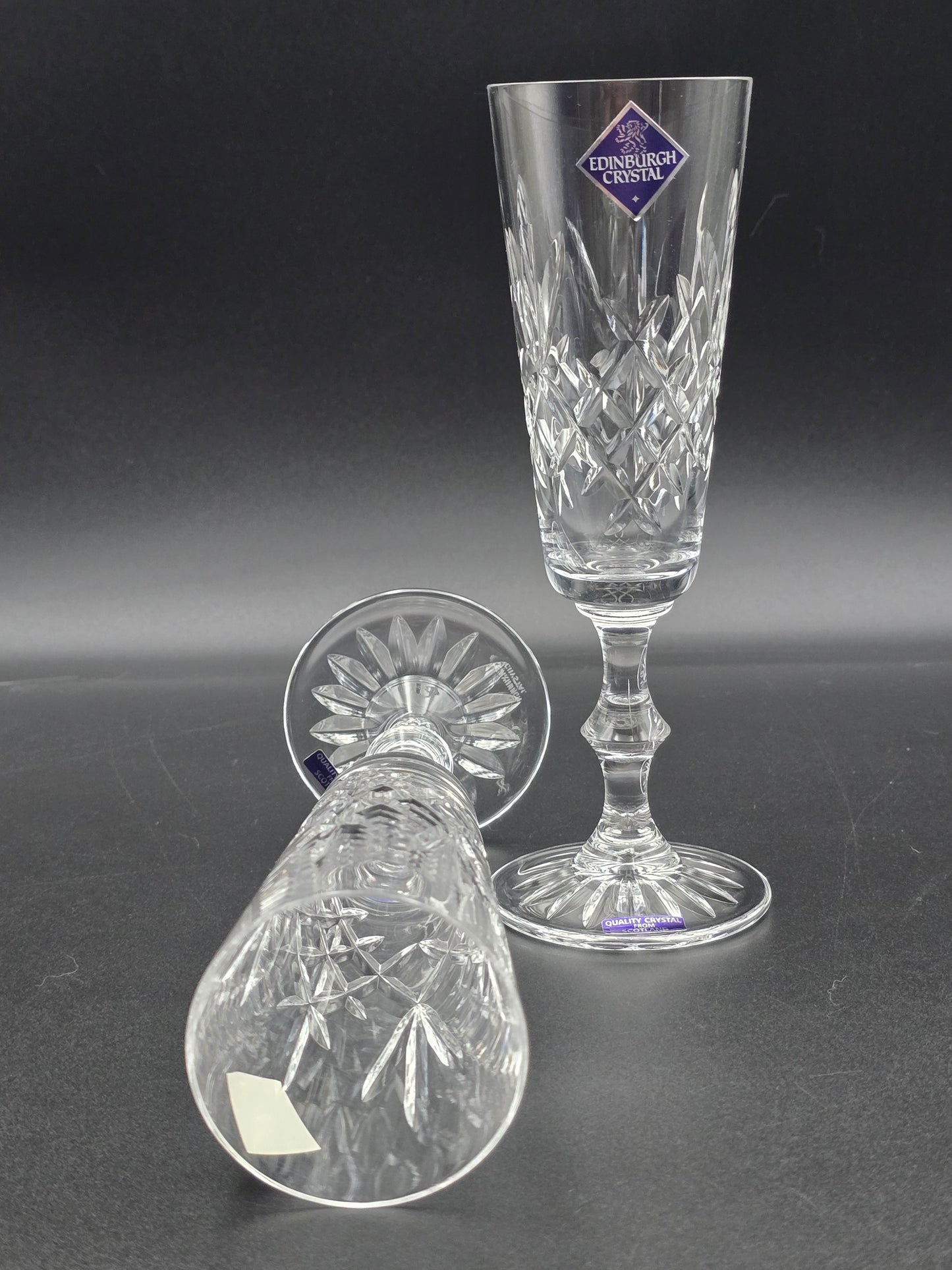 Pair of Edinburgh Crystal Lomond Pattern Crystal Champagne Flutes. 150ml. 19.5cm tall. Boxed.