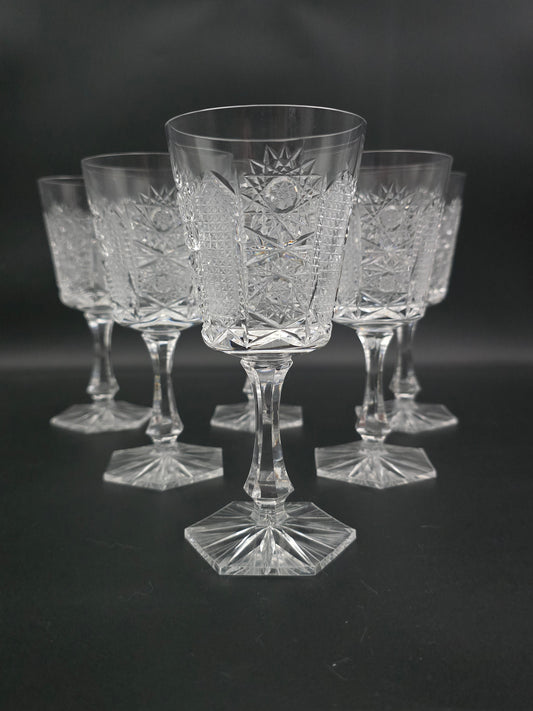 Set of 6 Bohemian vintage Crystal wine glasses with hexagonal base. 175ml