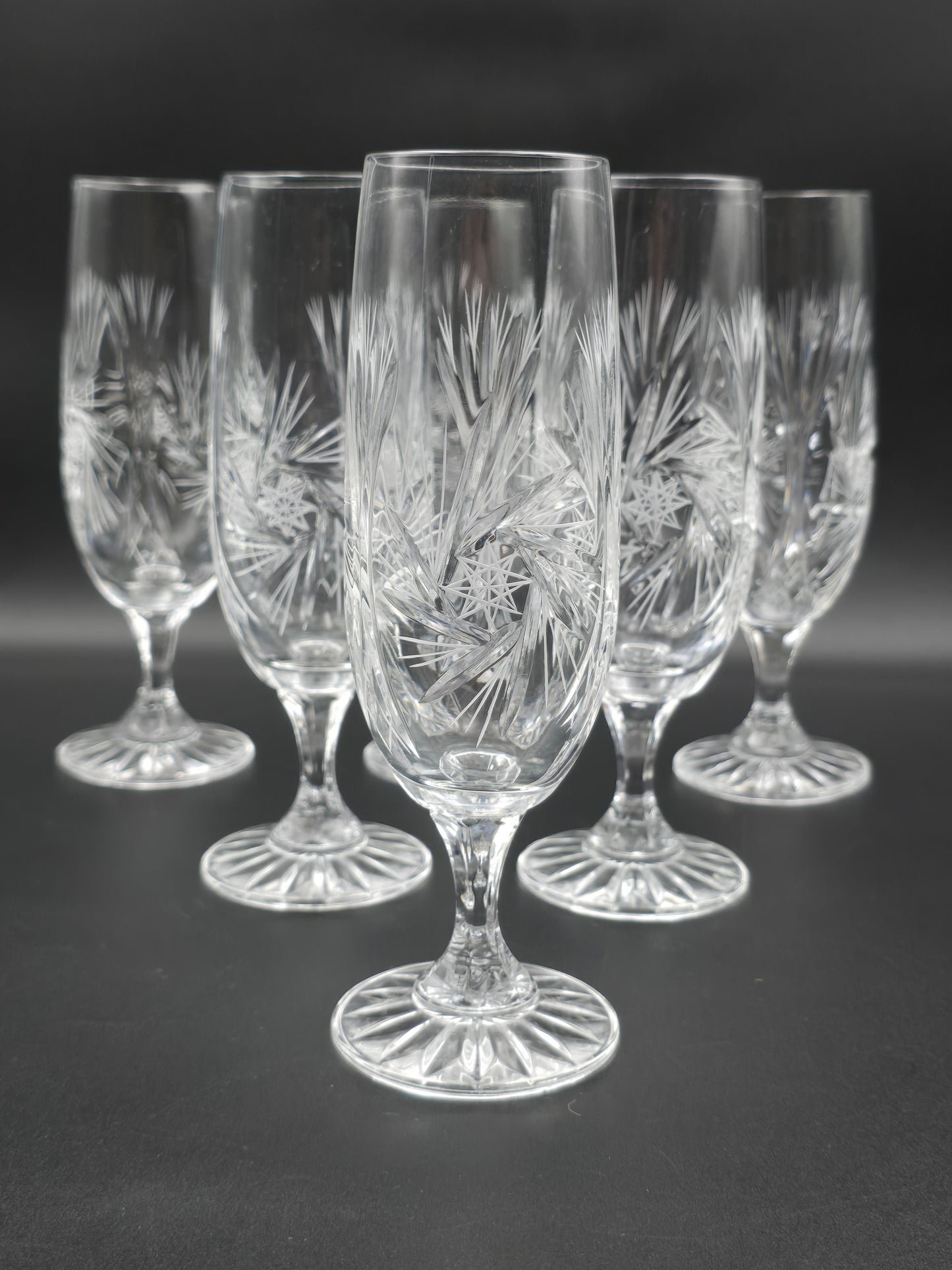 Set of 6 Pinwheel American Cut fluted Crystal Champagne Flutes. 200ml