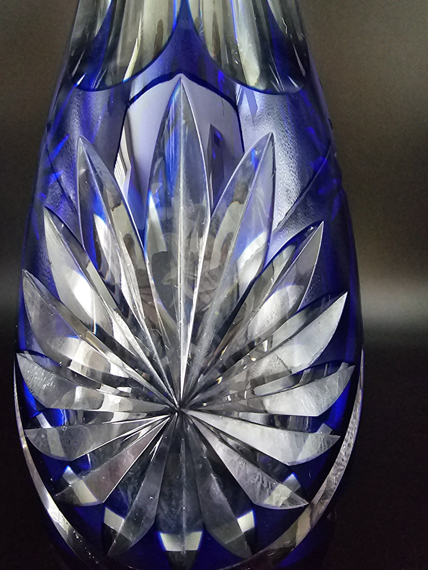 Cobalt Blue Cut to Clear Crystal Bohemian Decanter. 39cm