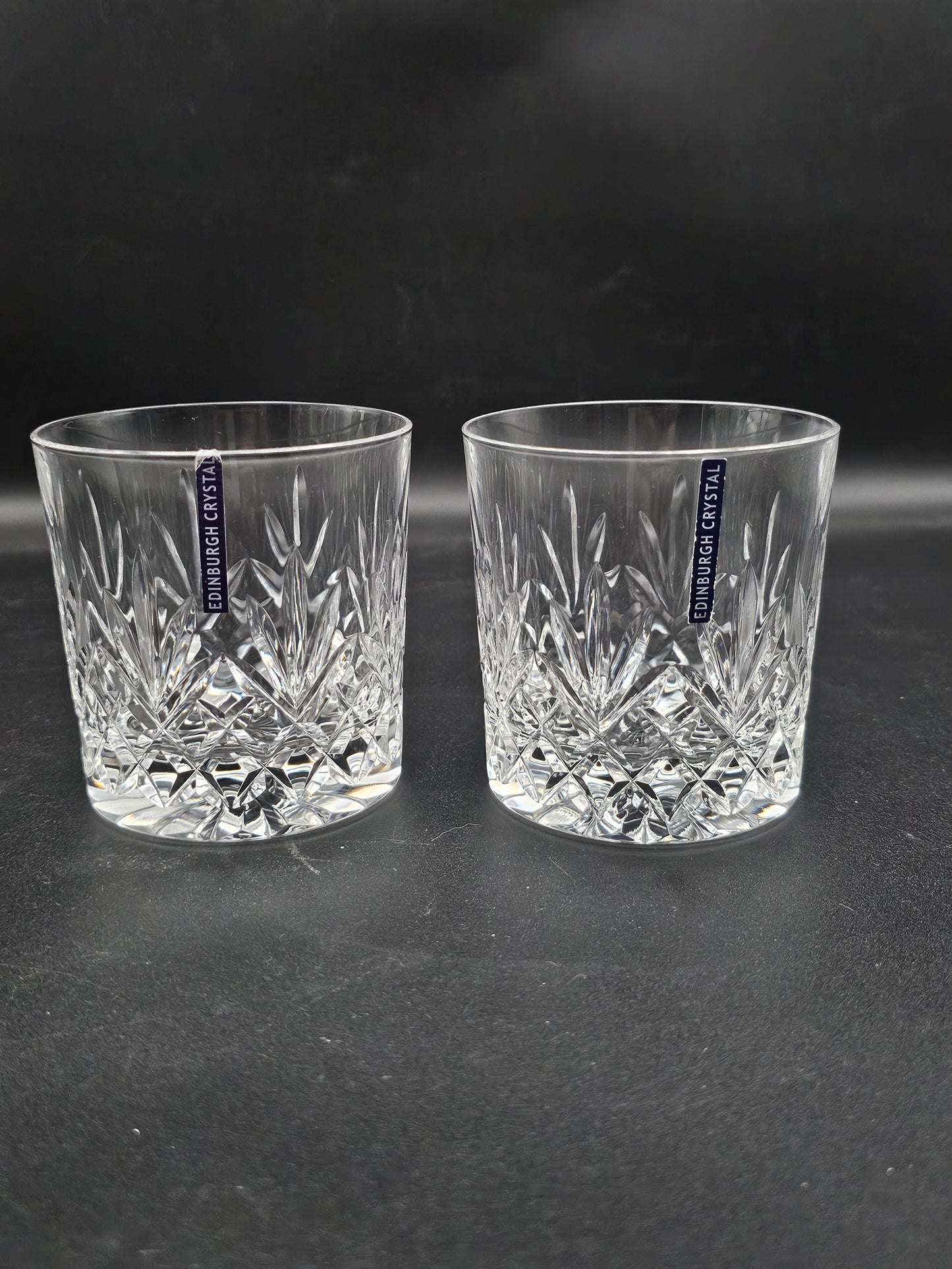 Pair of Edinburgh Crystal Tay Pattern 9oz Whisky Tumblers with lables Boxed