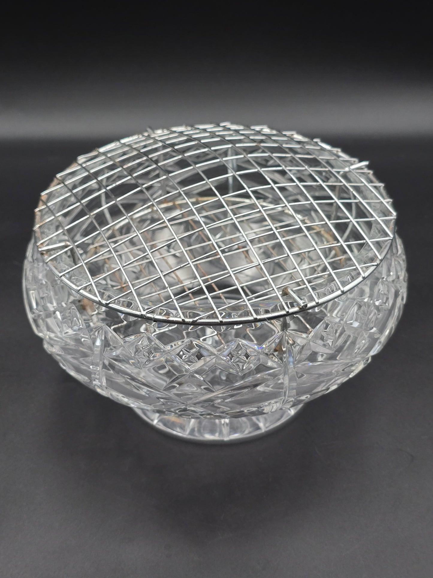 Large Vintage Lead Crystal Rose Posy Bowl – 7.5” Wide, 1.6kg, Star Cut Base & Cross Pattern, Heavy Centrepiece