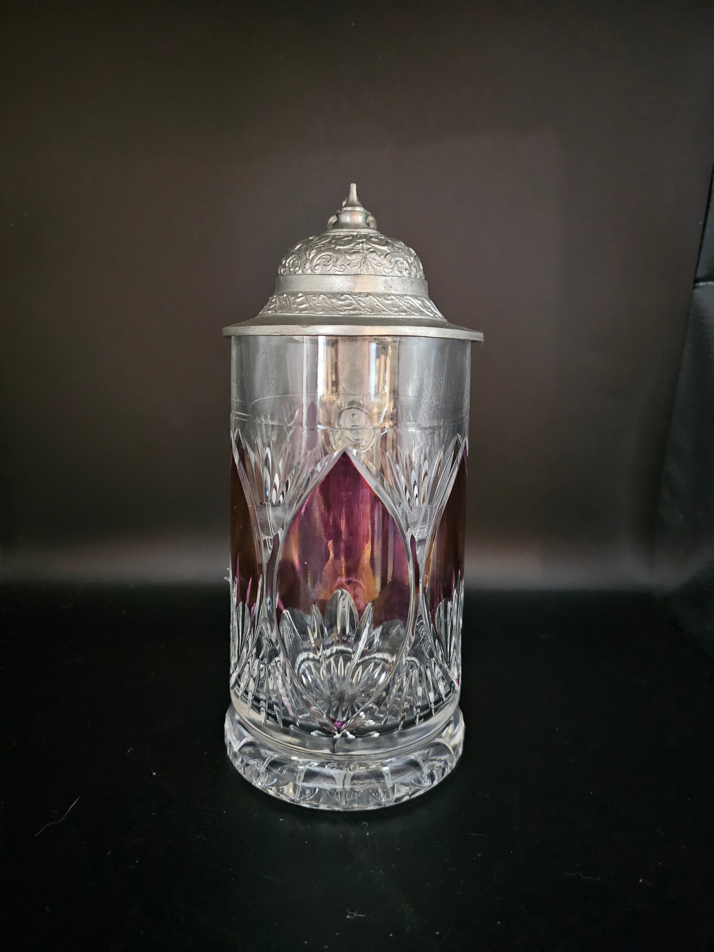 Crystal Beer Stein with Pewter Lid & Purple decoration