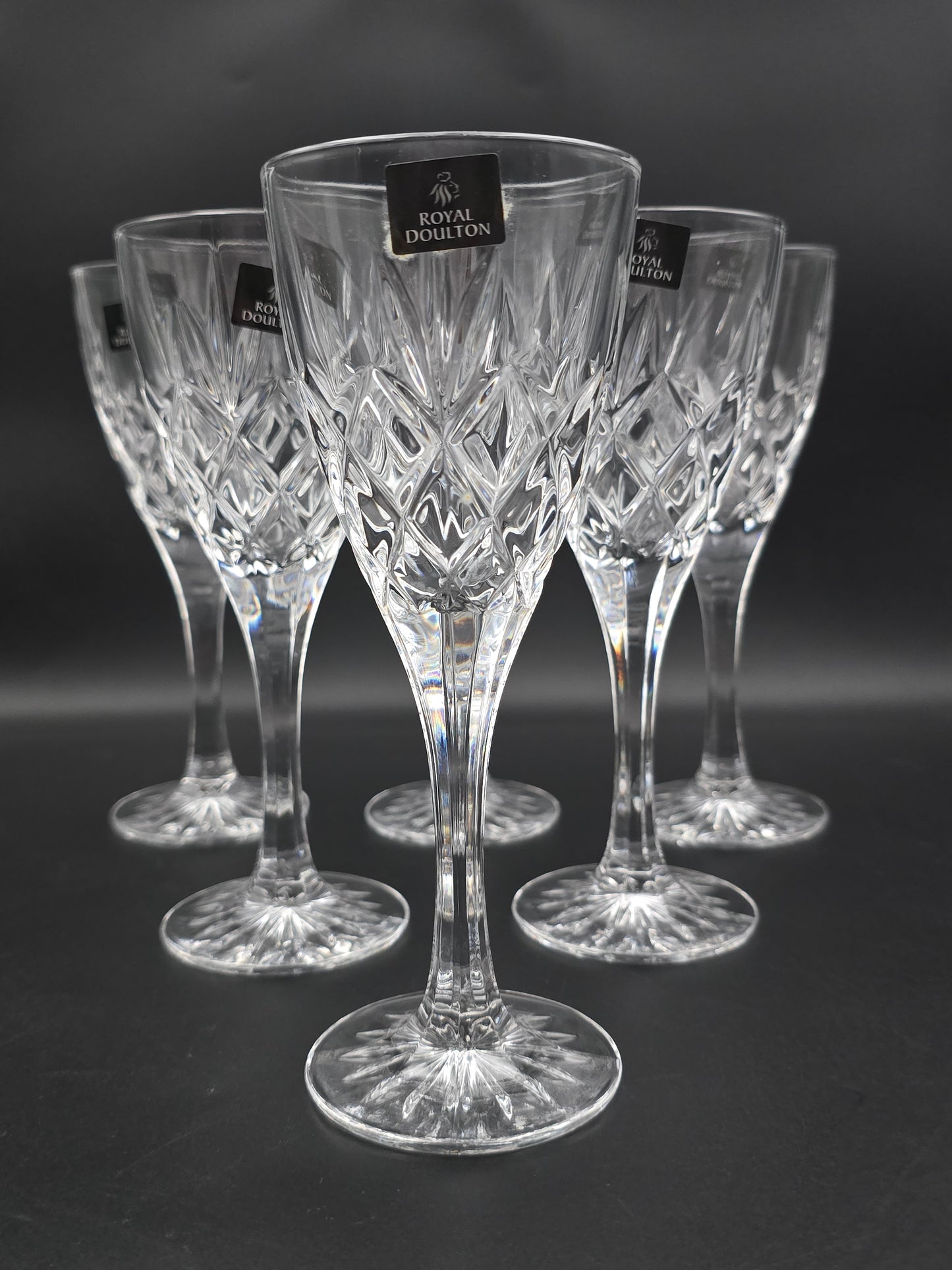 Set of 6 Royal Doulton Canterbury Pattern Crystal wine glasses. 175ml. Boxed