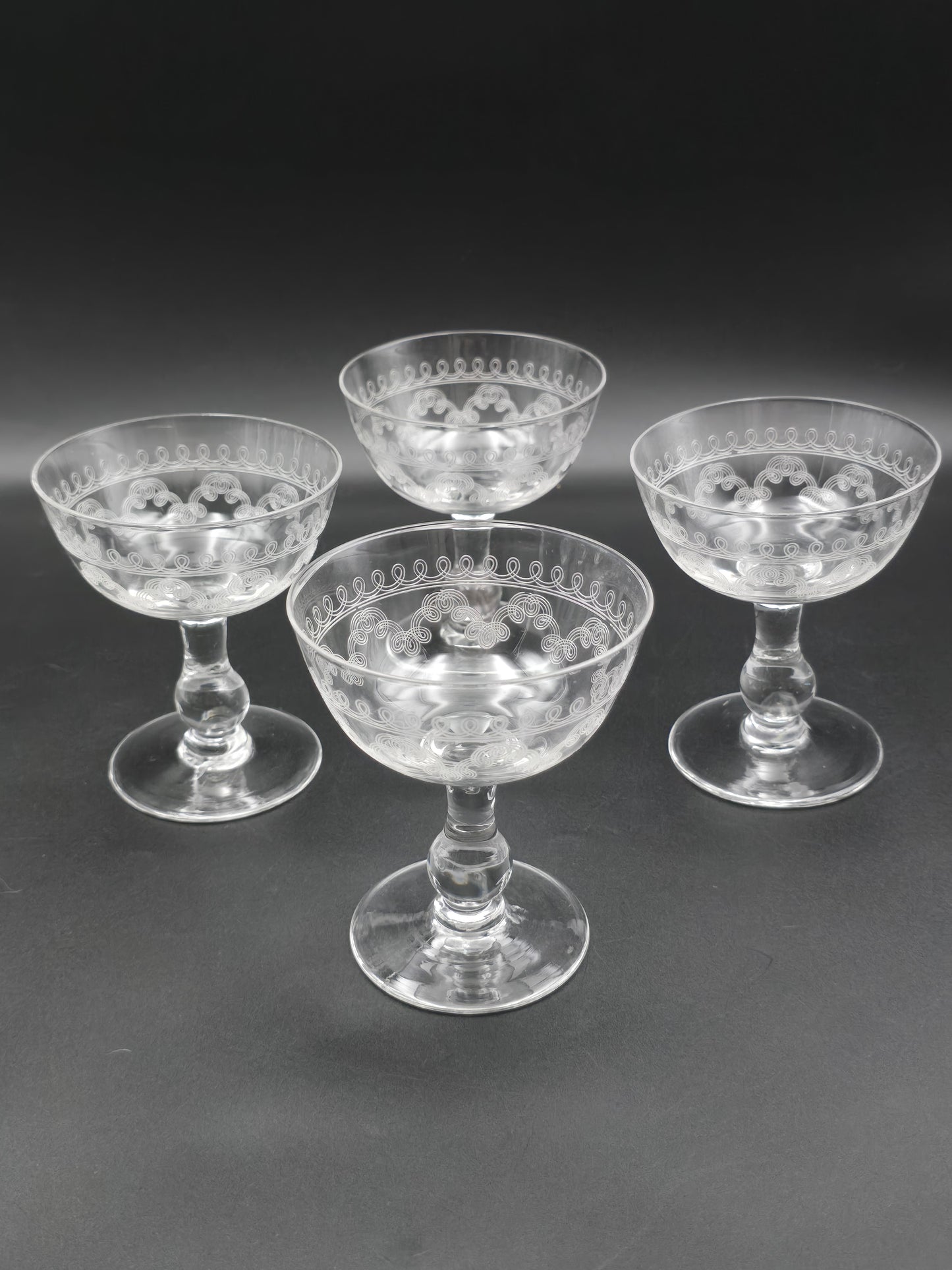 Set of 4 Edwardian Crystal Champagne Coupes – 200ml, Etched Swirl Design, Ball Stem, c.1900s