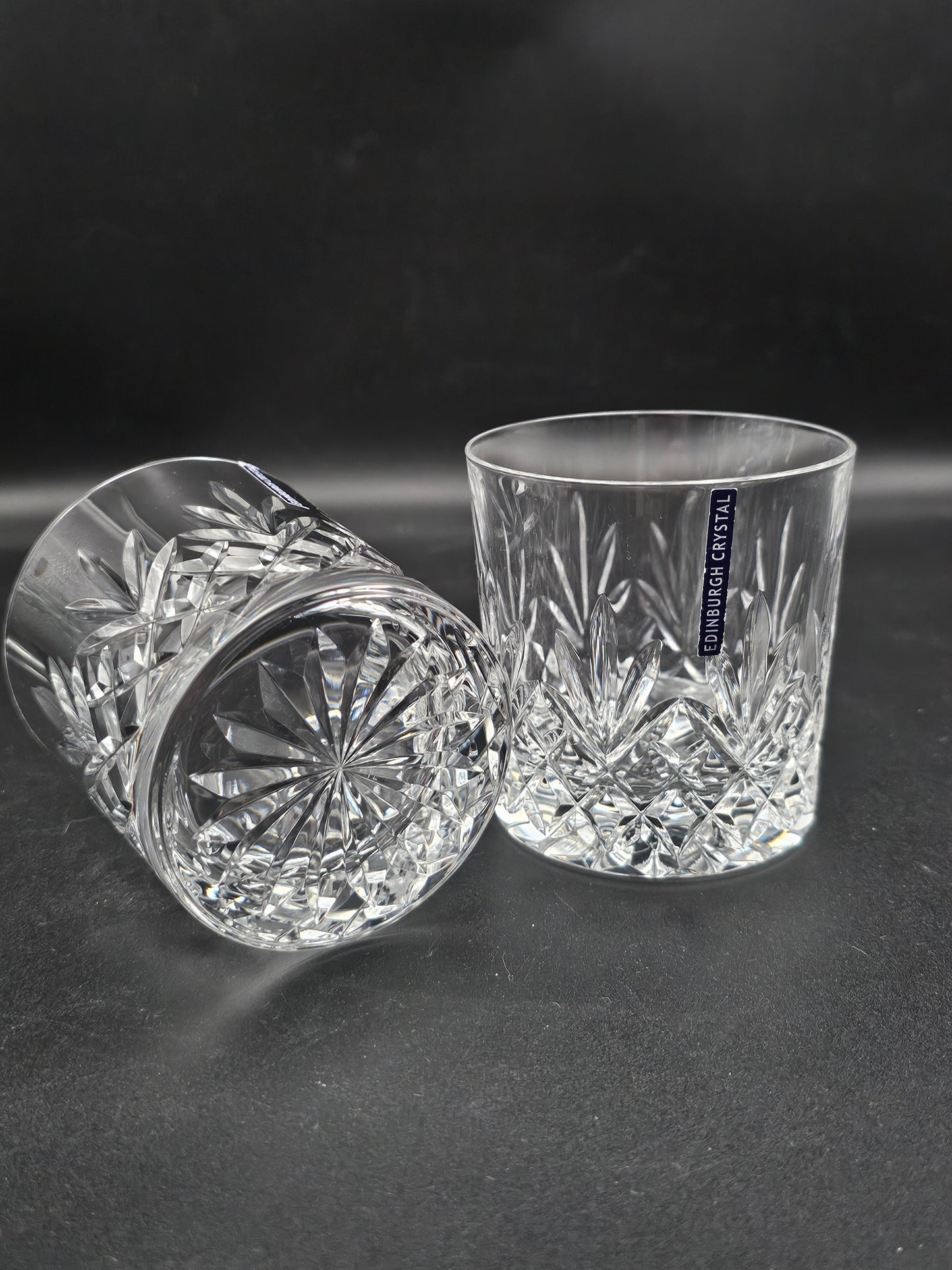 Pair of Edinburgh Crystal Tay Pattern 9oz Whisky Tumblers with lables Boxed