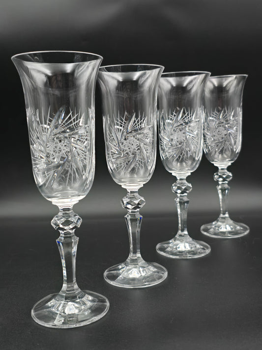 Set of 4 Bohemian Crystal Champagne Flutes | Czechoslovakia Cut Crystal | Wedding Toast Glasses | 200ml | Vintage Czech Glass