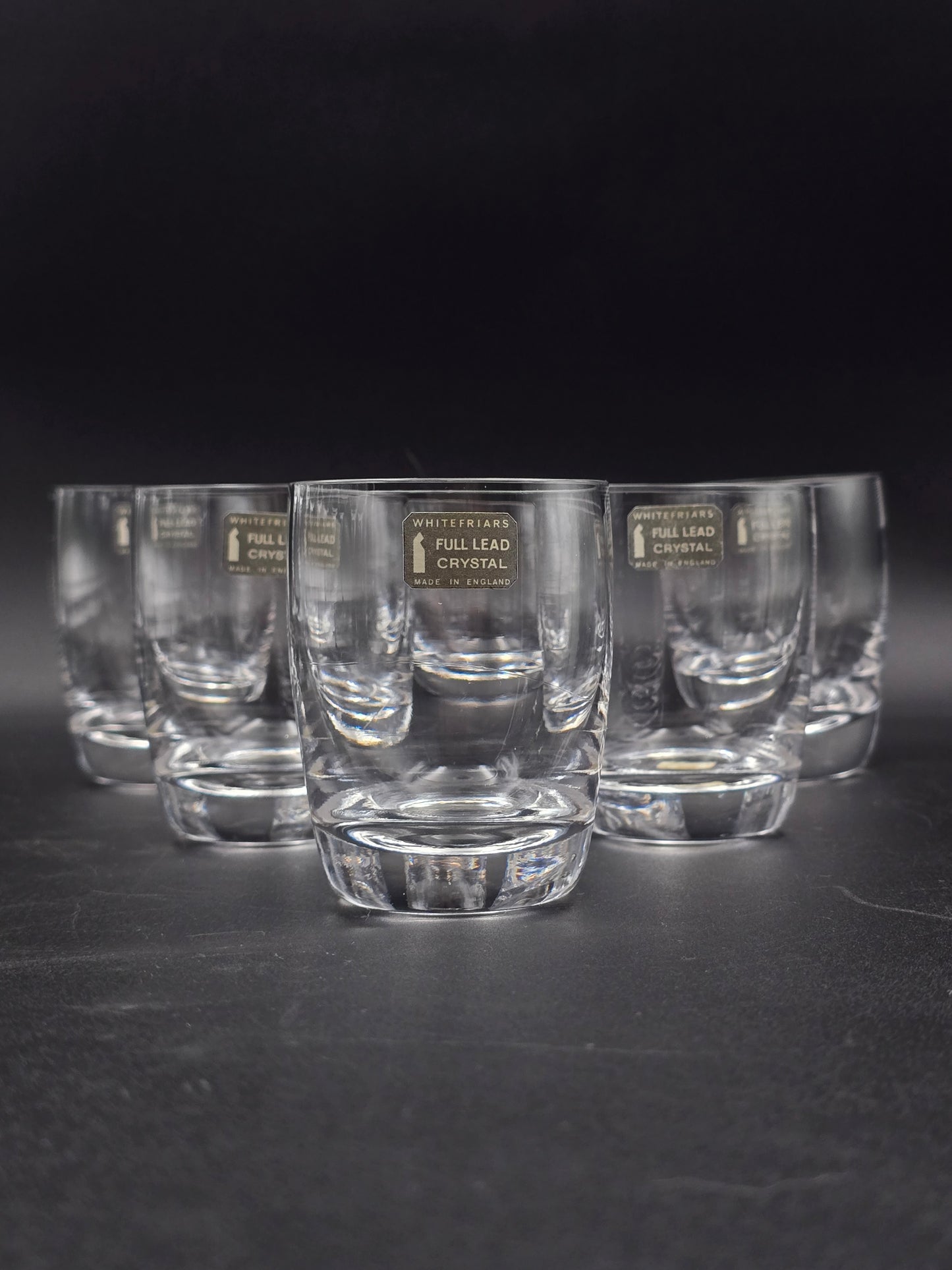 Vintage Boxed Set of 6 Whitefriars 5 oz Lead Crystal Tumblers – Original Stickers – Mid‑Century English Barware