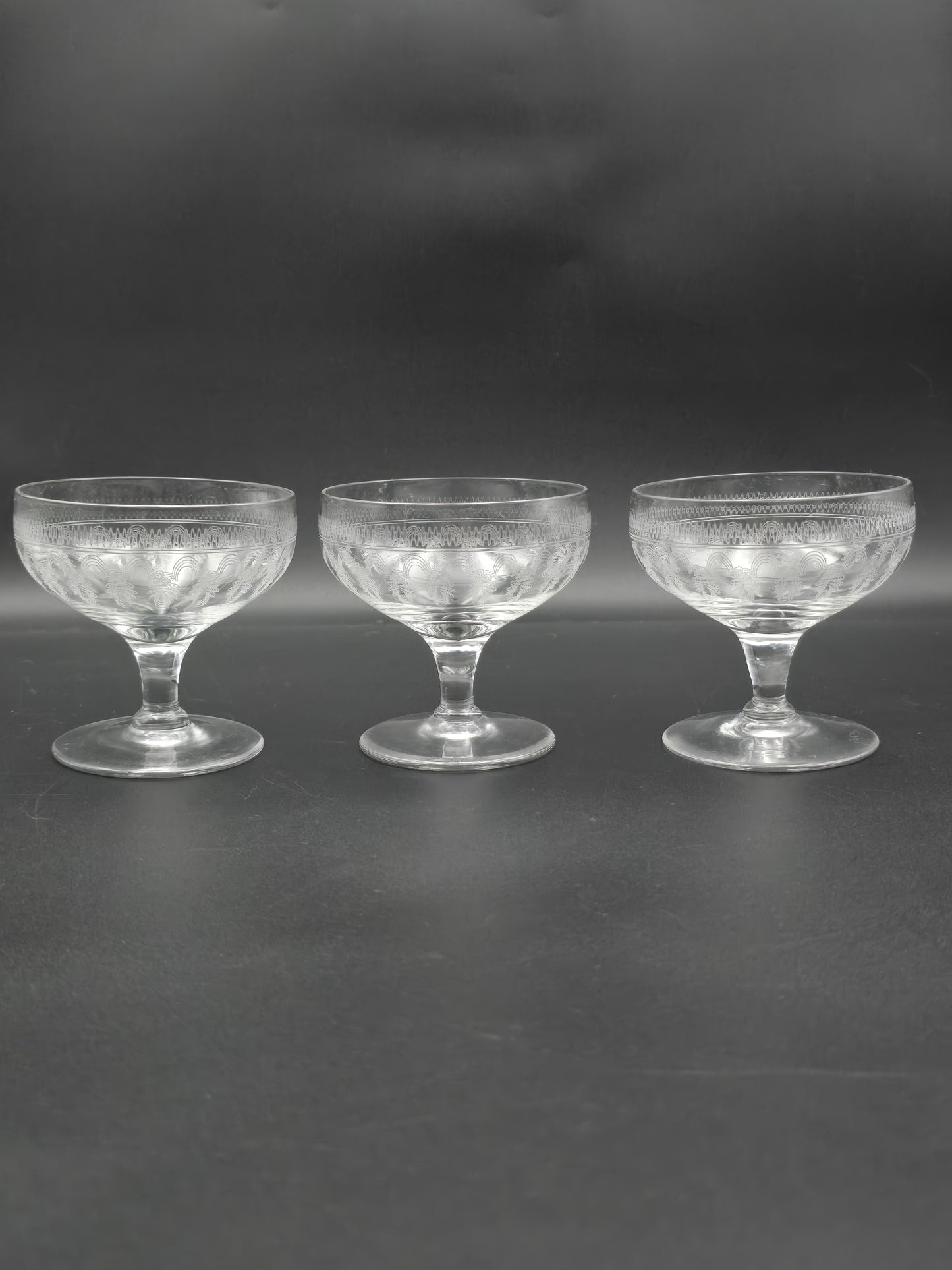 Elegant trio Lady Hamilton Pall Mall Crystal Champagne Coupes. 200ml