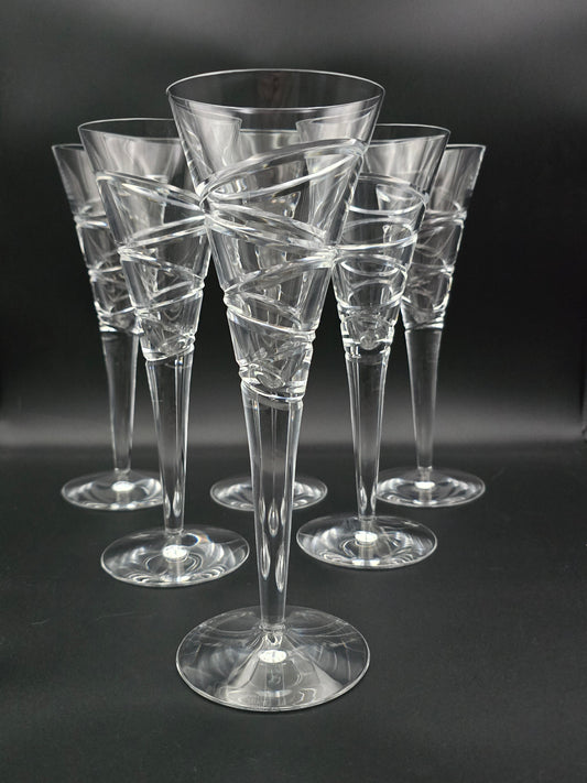 Full set of 6 Stuart Crystal Jasper Conran Large Champagne Trumpet flutes. 275ml. 26cm tall.