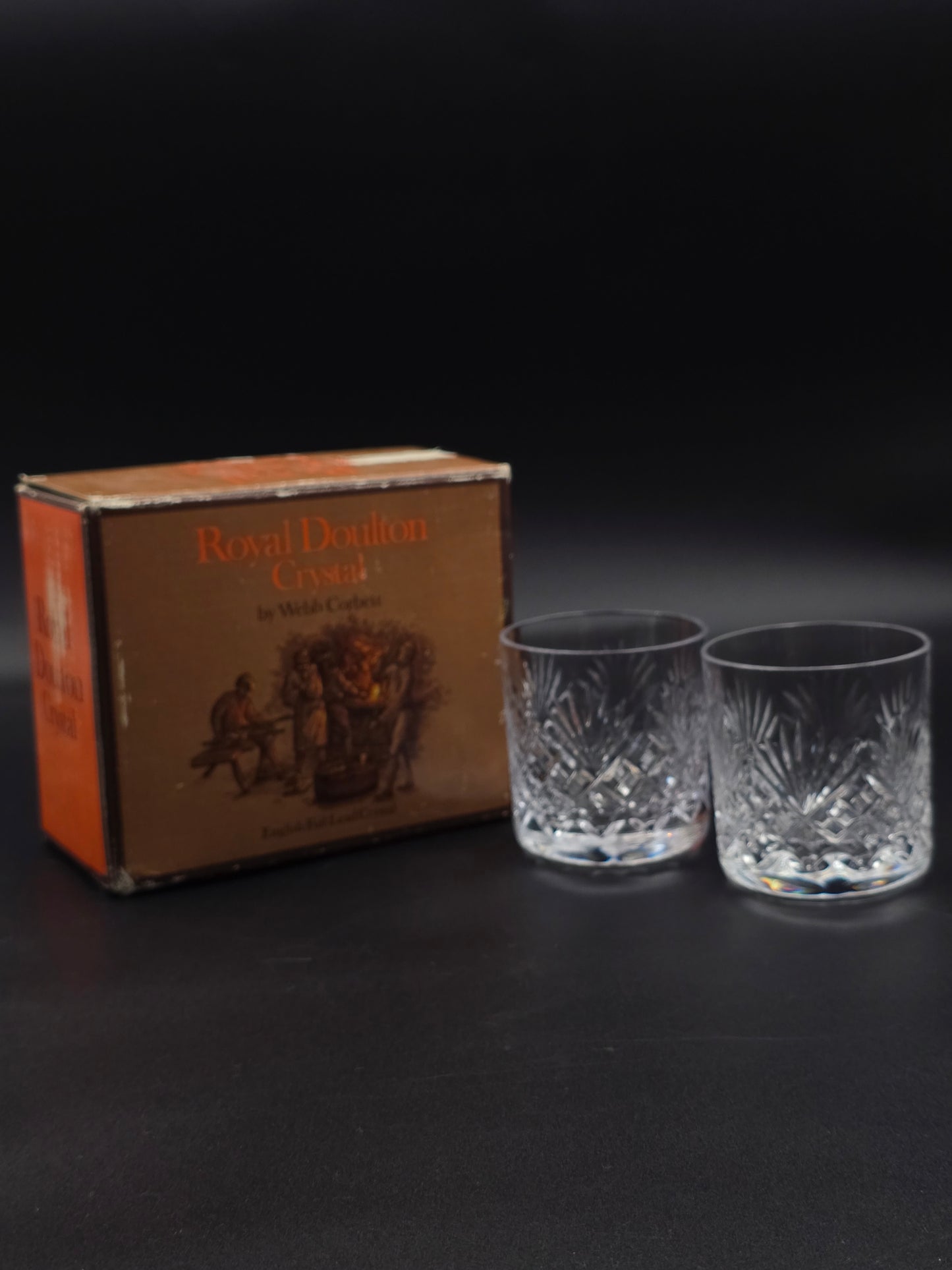 Pair of Royal Doulton (Webb Corbett) “Juno” 6 oz Lead Crystal Tumblers – Fans & Flutes, Star‑cut Base, Original Box