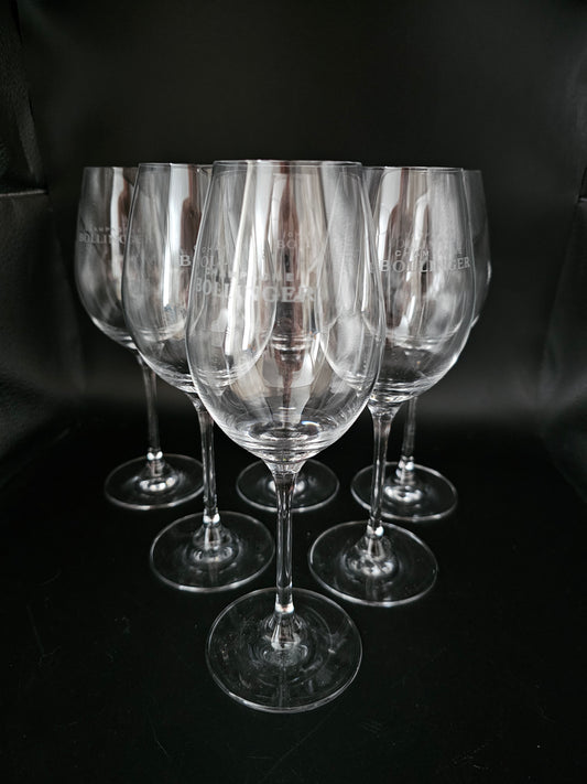 Set of 6 Bollinger Crystal Champagne Flutes. New in Box