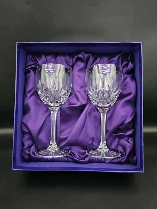 Pair of Edinburgh Crystal Tay Pattern Wine Glasses. 275ml. 19cm tall. Boxed.