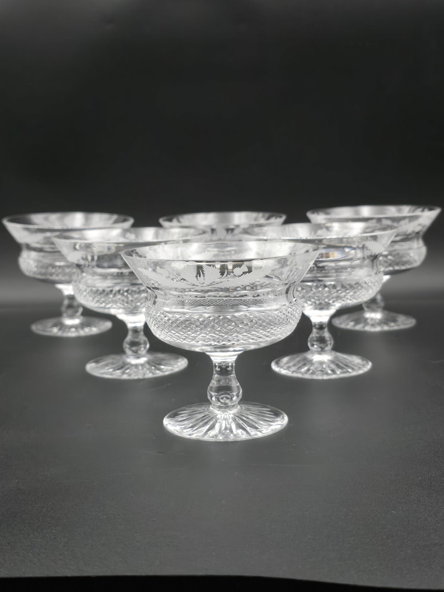 Set of 6 Mid Century Edinburgh Crystal Thistle Pattern Peach Melba Coupes. 300ml.