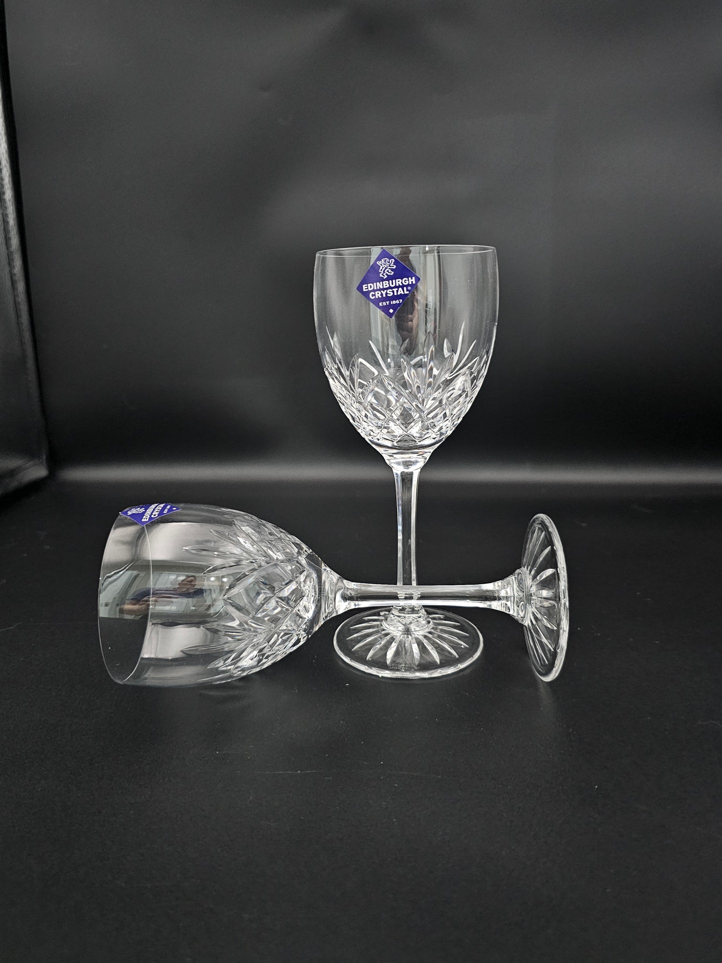 Pair of Edinburgh Crystal Tay Pattern Wine Glasses. 275ml. 19cm tall. Boxed.