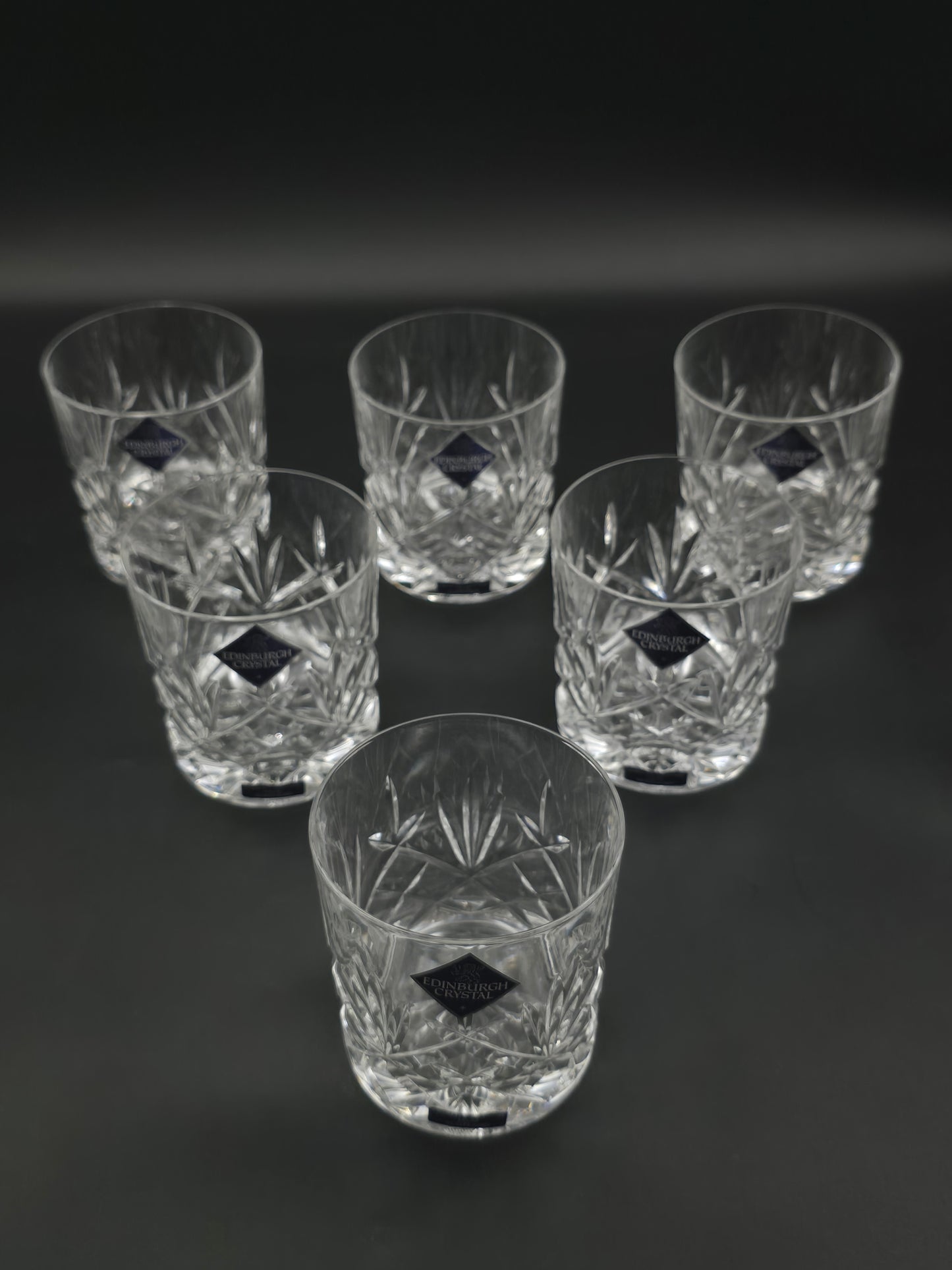 Boxed Set of 6 Edinburgh Crystal Tumblers – 7oz | Fan & Leaf Cut | Star Base | Satin-Lined Case | Scotland c.1990s–2000s