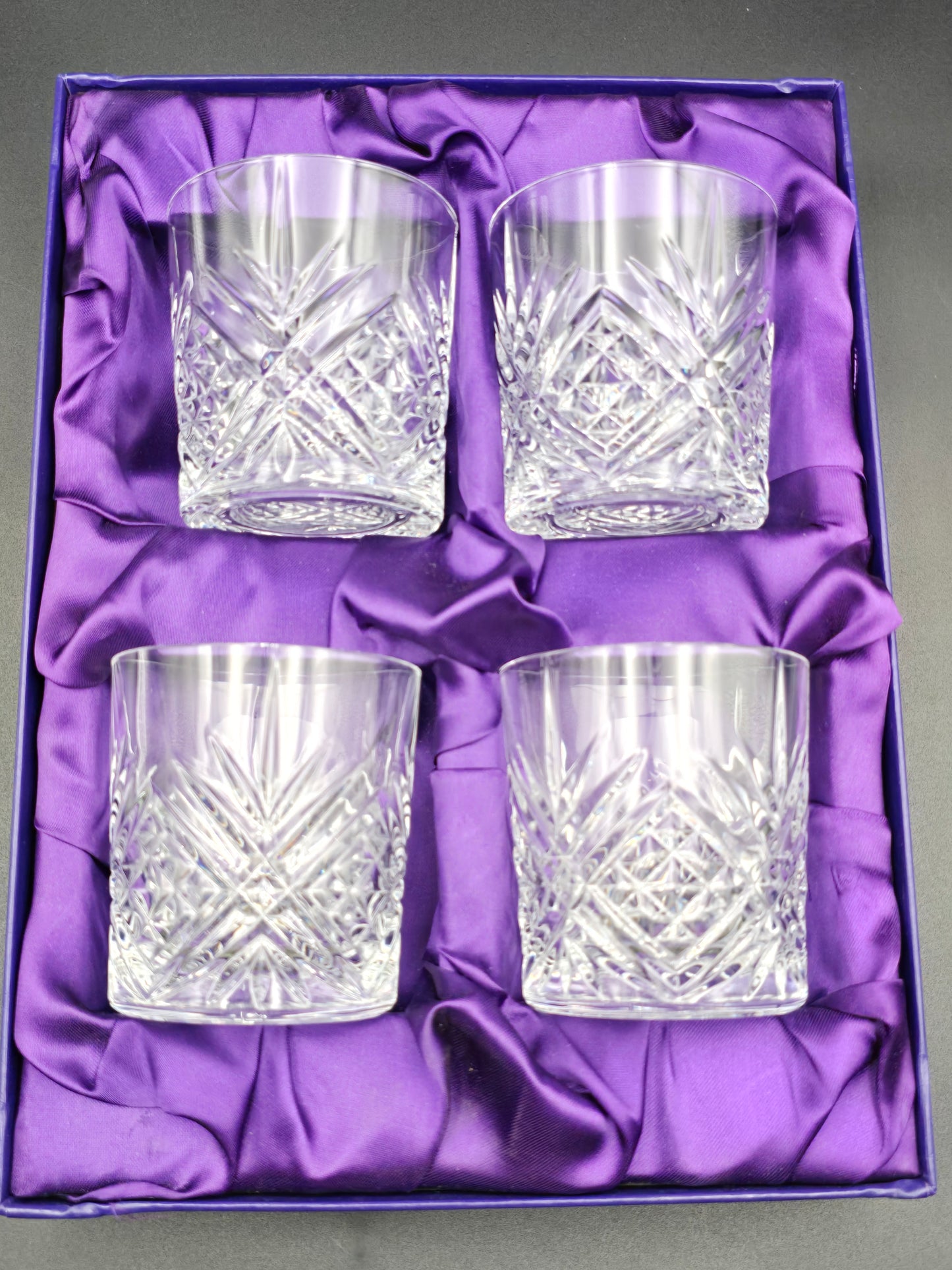 Set of 4 Edinburgh Crystal Whisky Tumblers – Boxed, 8oz, Heavy Cut Glass, Vintage Scottish Crystal Barware