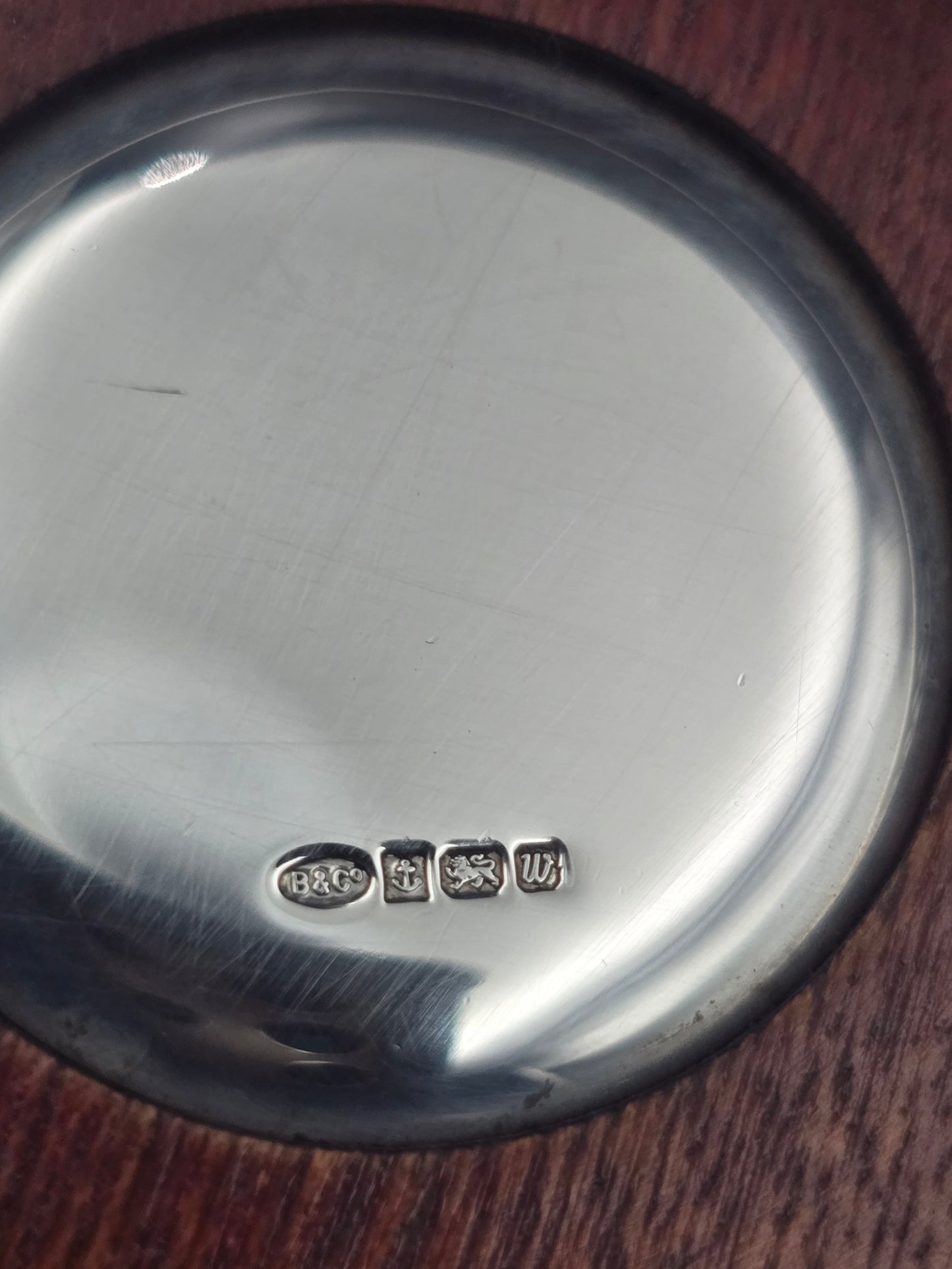 Antique Solid Silver Wine Bottle Coaster, Barker Brothers, Birmingham 1921, Wood Base & Felt Lining, Original Box