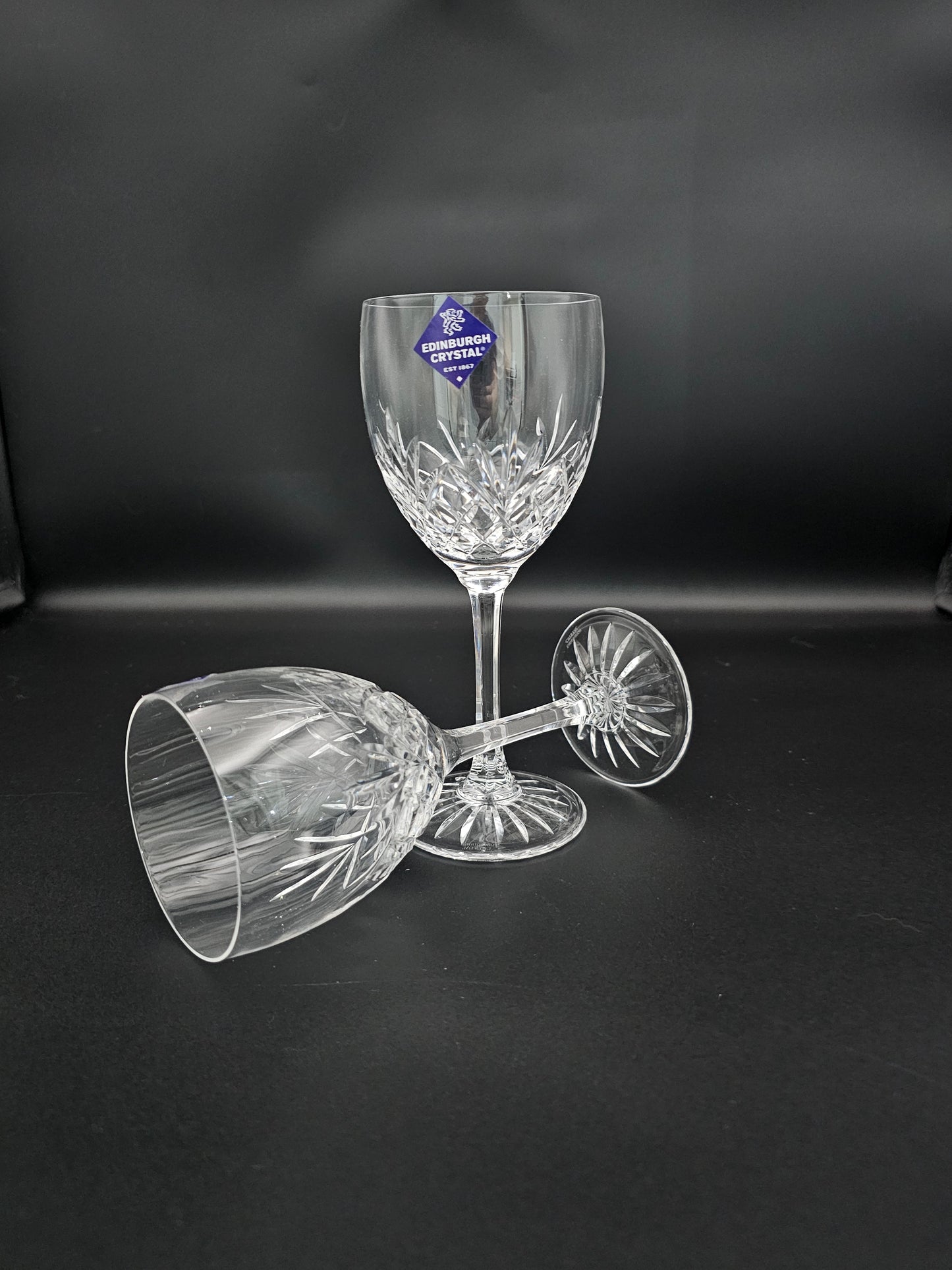 Pair of Edinburgh Crystal Tay Pattern Wine Glasses. 275ml. 19cm tall. Boxed.