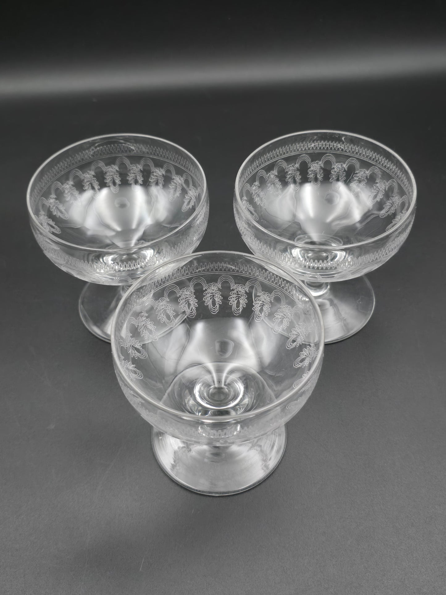 Elegant trio Lady Hamilton Pall Mall Crystal Champagne Coupes. 200ml