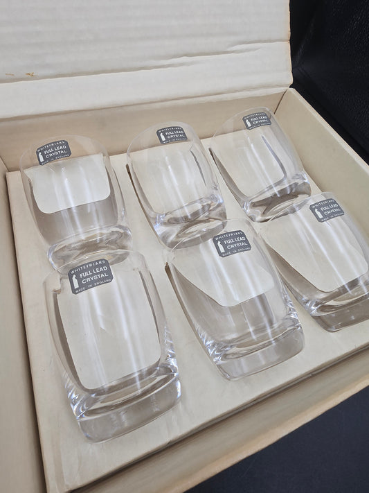 Vintage Boxed Set of 6 Whitefriars 5 oz Lead Crystal Tumblers – Original Stickers – Mid‑Century English Barware