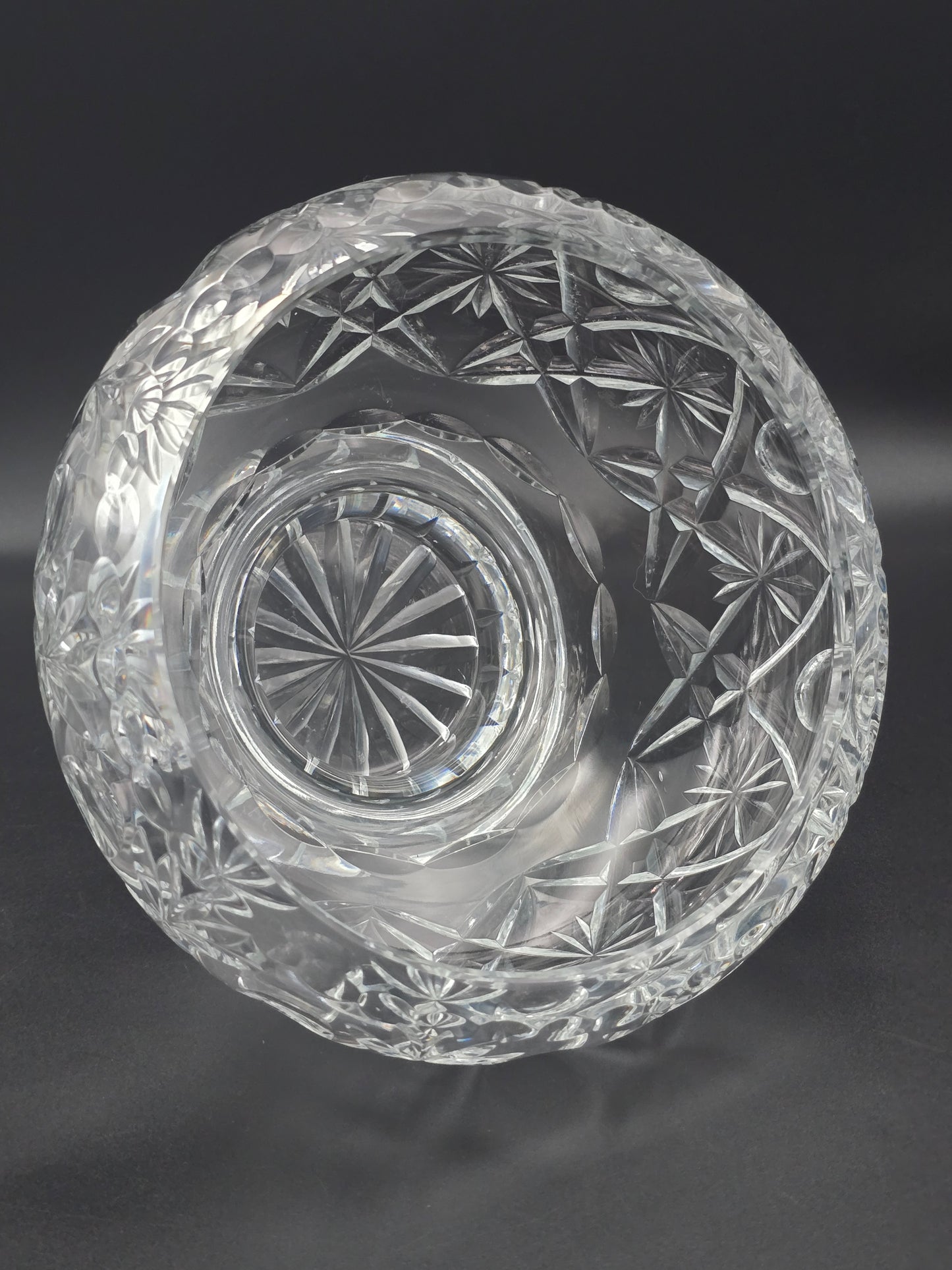 Vintage Heavy Cut Crystal Rose Bowl with Flower & Thumbprint Design, Star-Cut Base, 7.5" Wide, 2.57kg