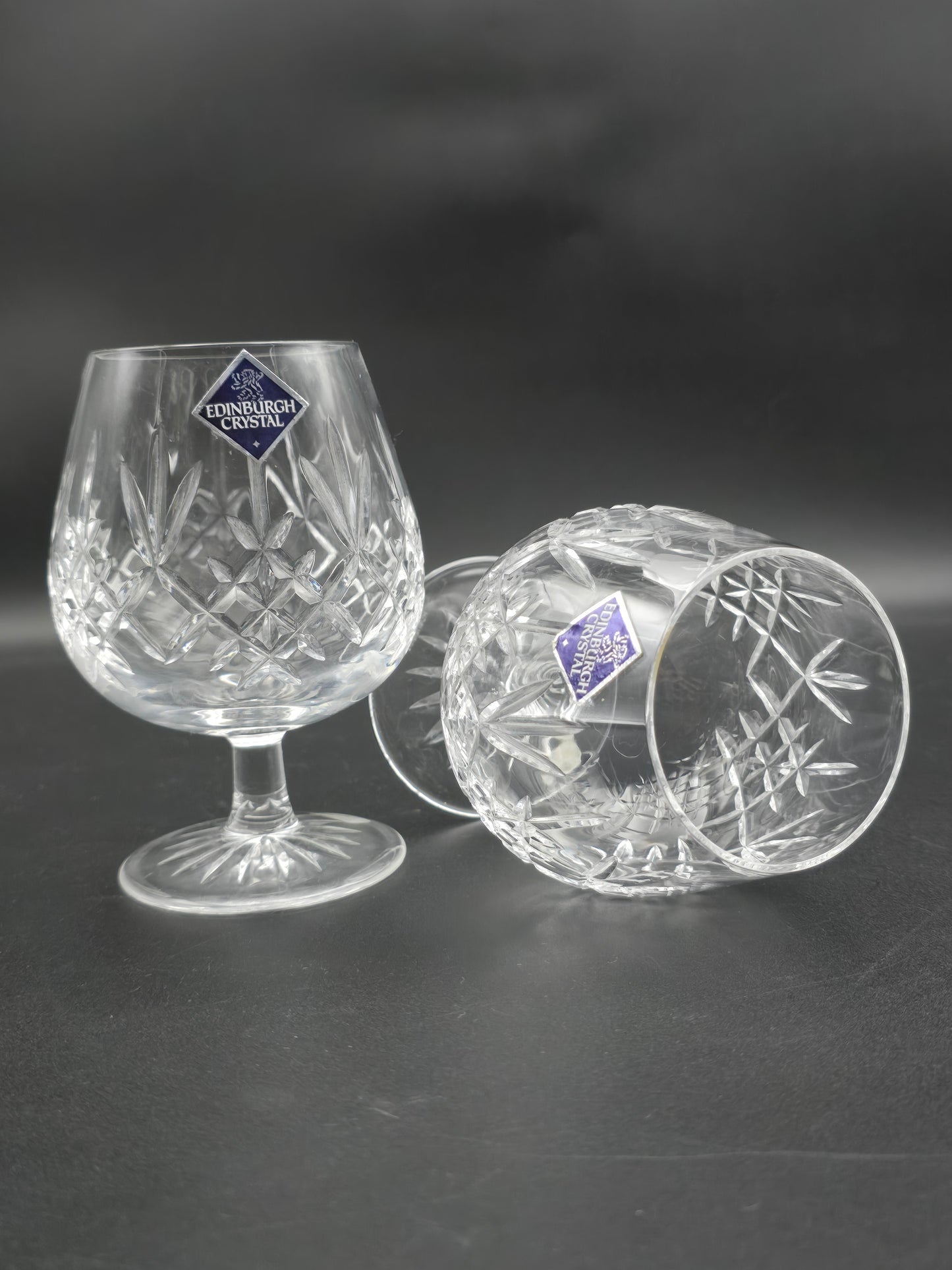 Pair of Edinburgh Crystal Lomond Pattern Crystal Brandy glasses 12oz