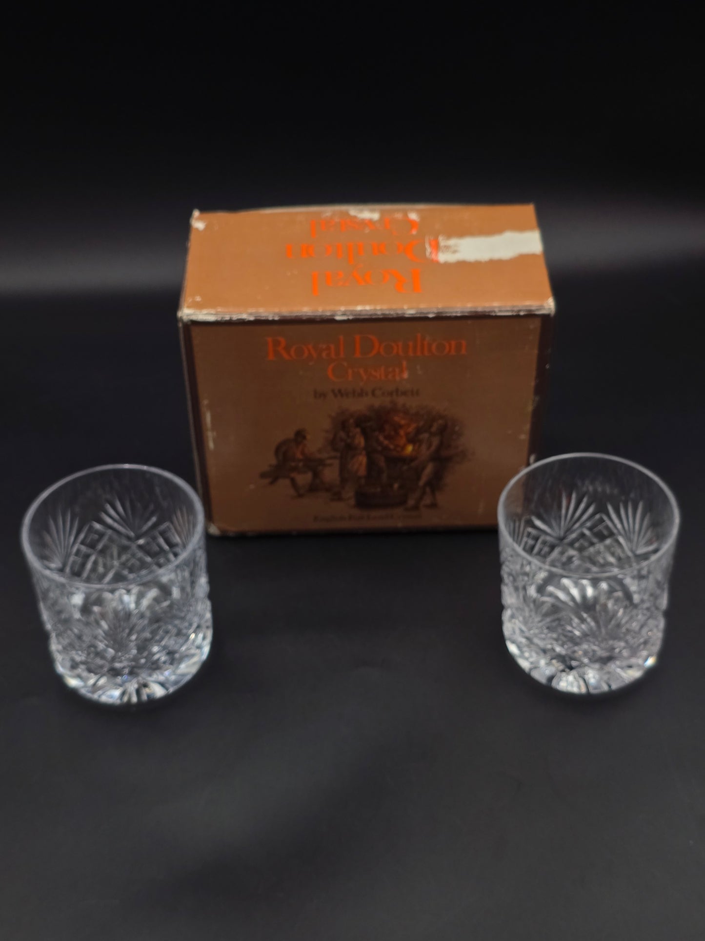 Pair of Royal Doulton (Webb Corbett) “Juno” 6 oz Lead Crystal Tumblers – Fans & Flutes, Star‑cut Base, Original Box