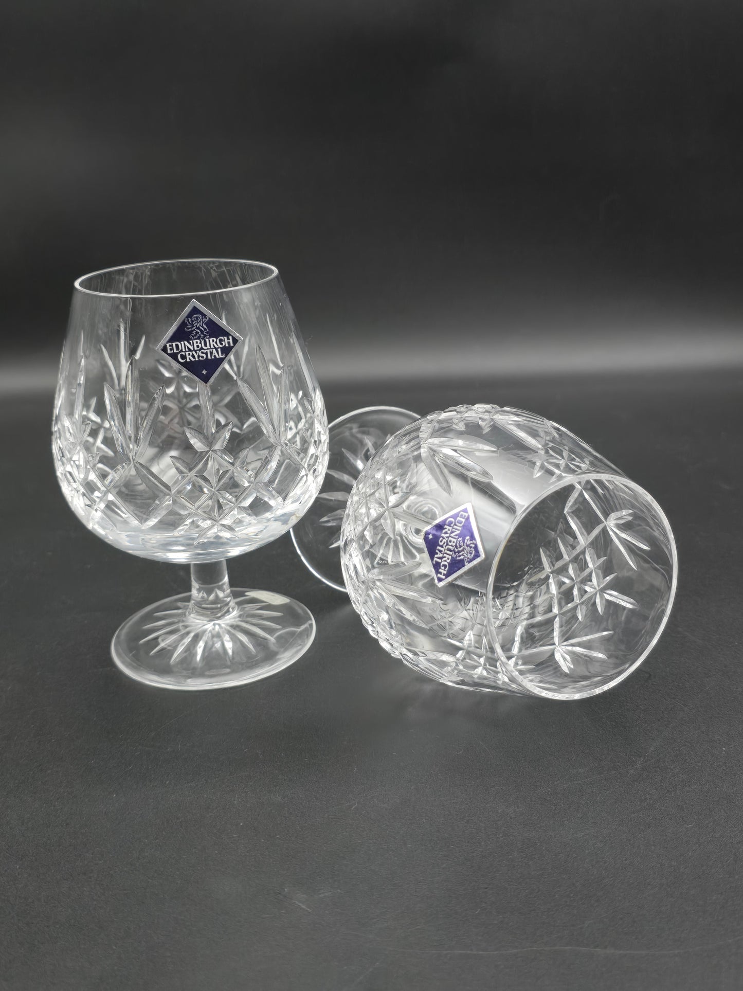 Pair of Edinburgh Crystal Lomond Pattern Crystal Brandy glasses 12oz