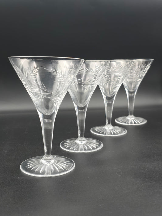 Set of Four Crystal Champagne or Cocktail Coupes – 200ml – Fern & Sunflower Cut Design with Star-Cut Base – 14cm Tall