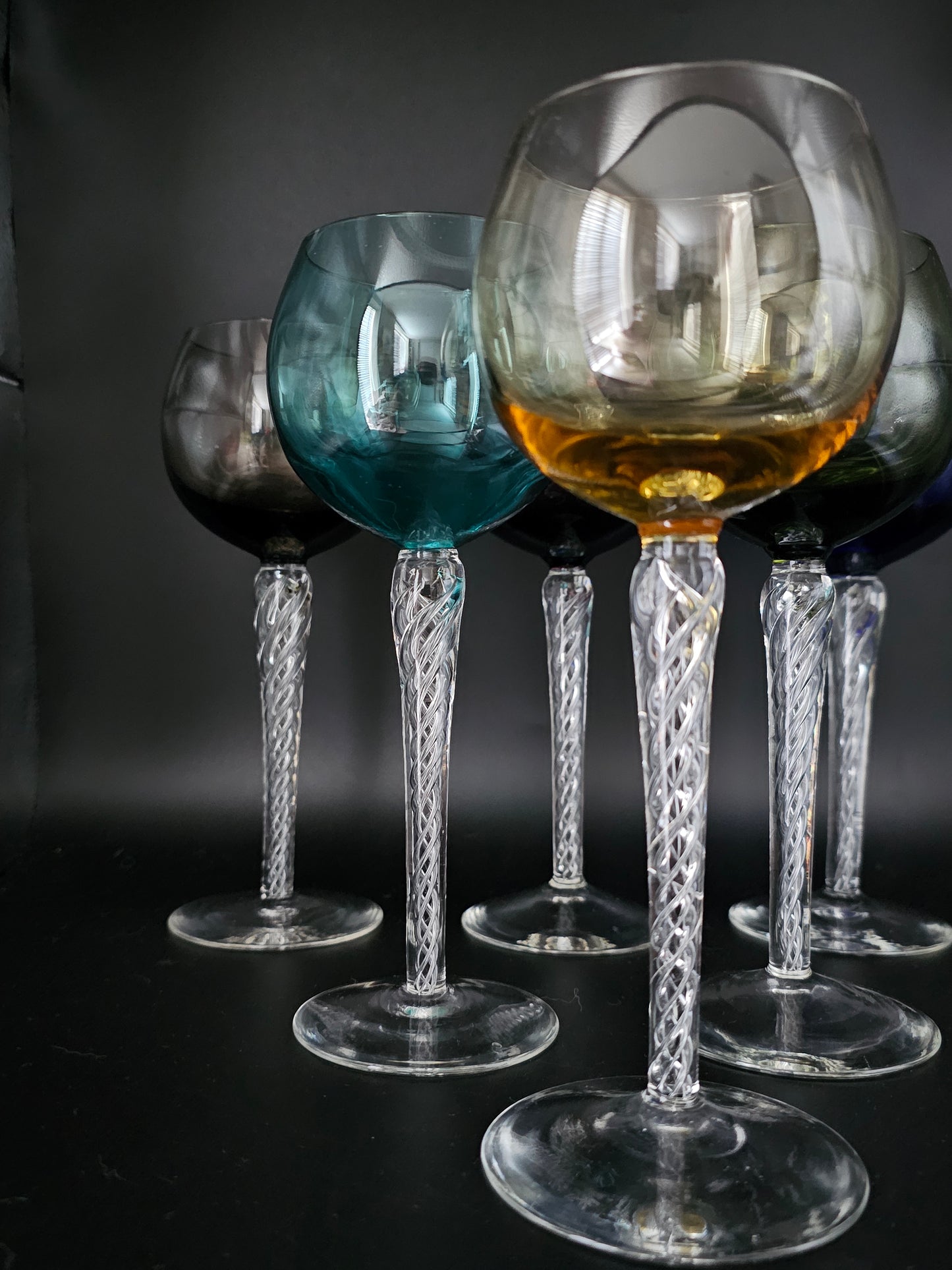 Set of 6 Coloured Air Twist Stem Coloured Crystal Hock Glasses. 250ml