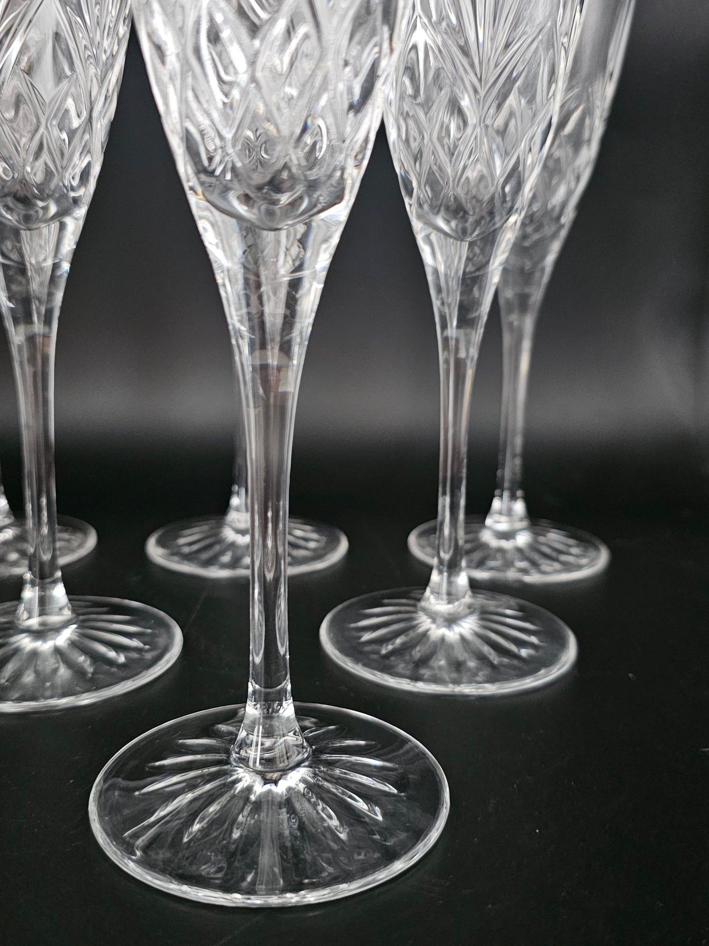 Thomas Webb Romeo set of 6 Vintage Crystal Champagne Flutes. Boxed