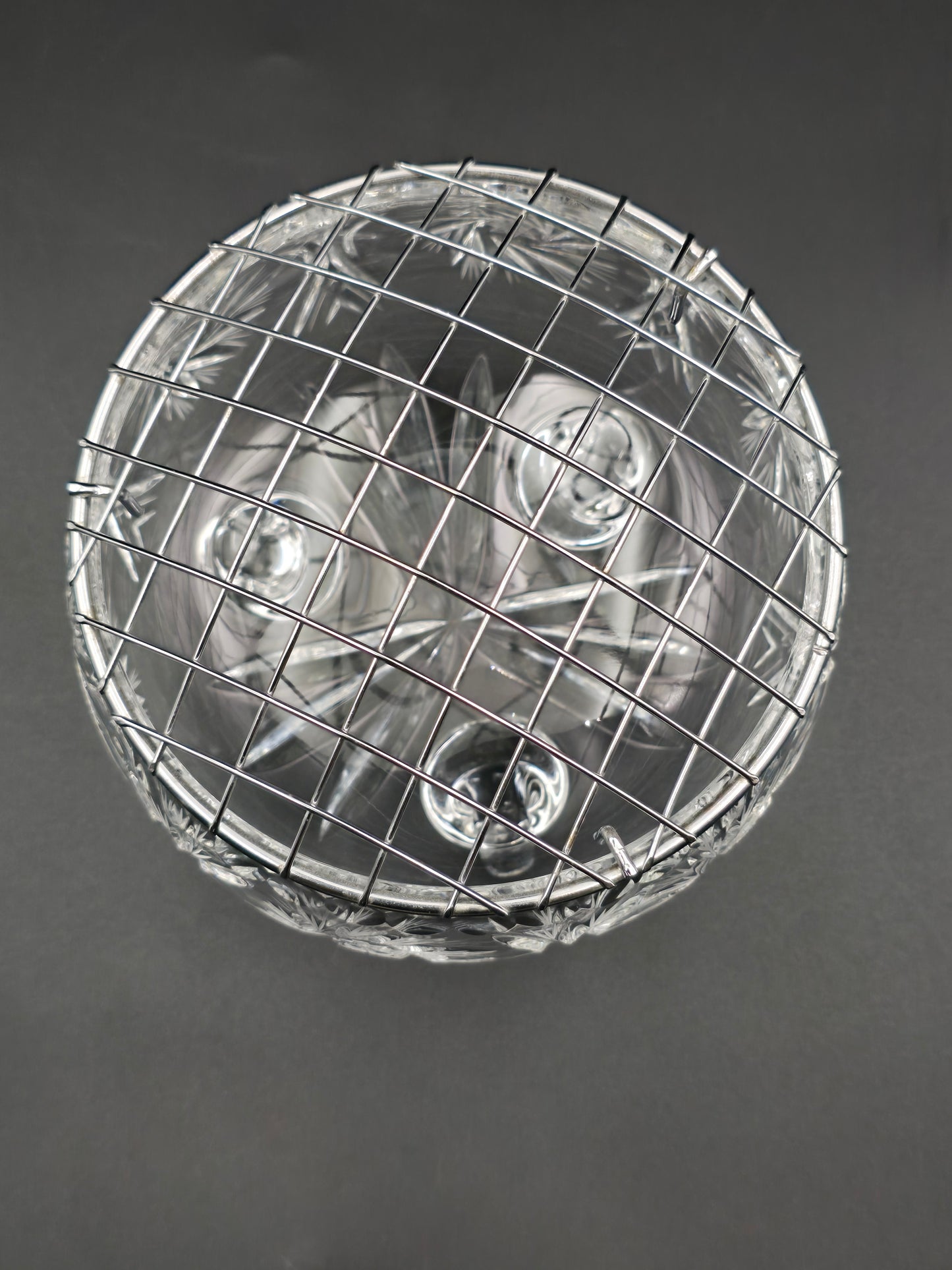 Vintage 5" Pinwheel Cut Crystal Rose Bowl with Silver Wire Mesh & Footed Base – Elegant Small Centrepiece