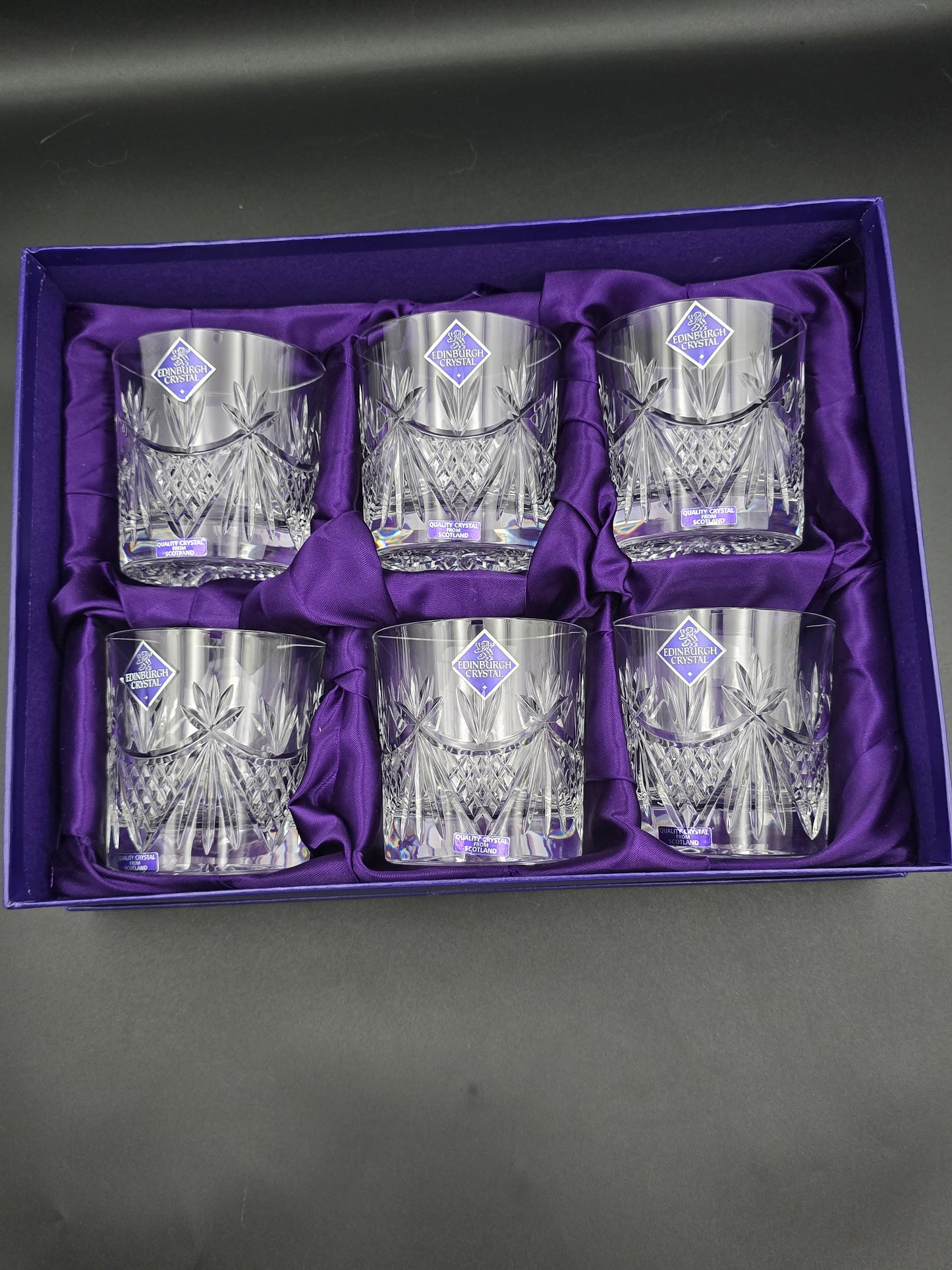 Set of 6 Edinburgh Crystal EDI41 Pattern Crystal Whisky Tumblers. 10oz. Boxed.