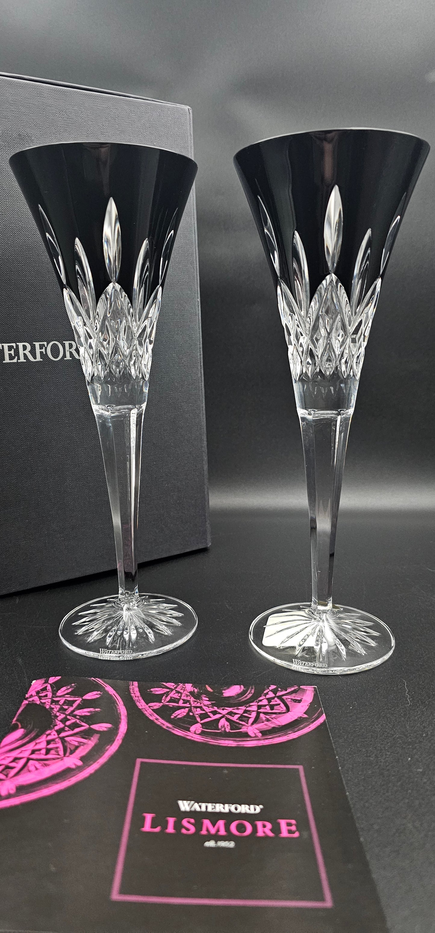 Pair of Waterford Lismore Black Crystal Toasting Flutes