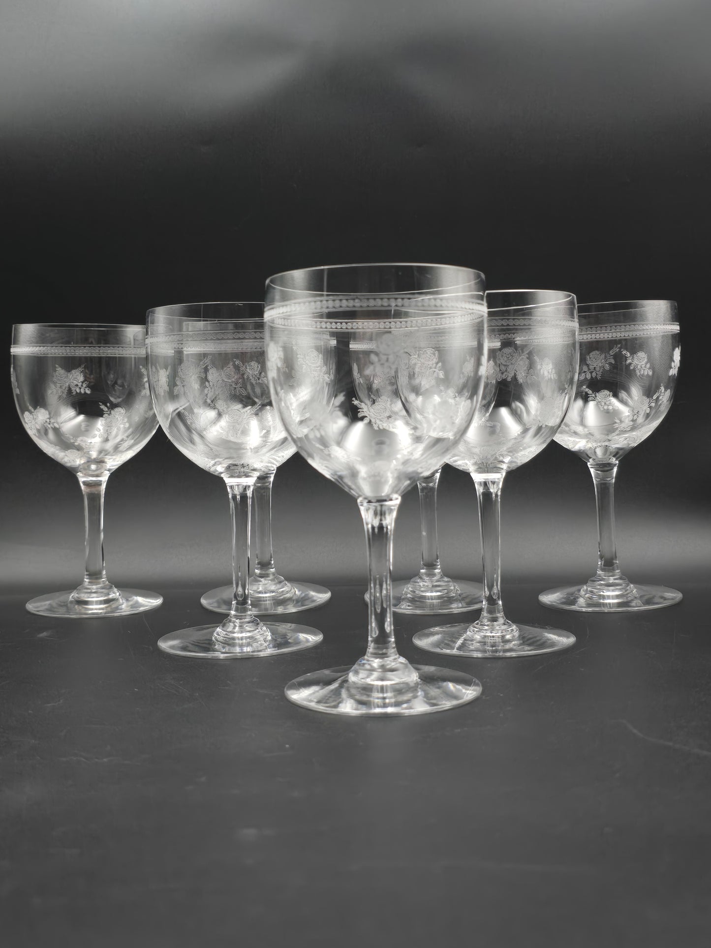 Antique Baccarat “Seme de Roses” Crystal Wine Glasses – Set of 7 Large 350ml Etched Rose Pattern Goblets c.1900 France