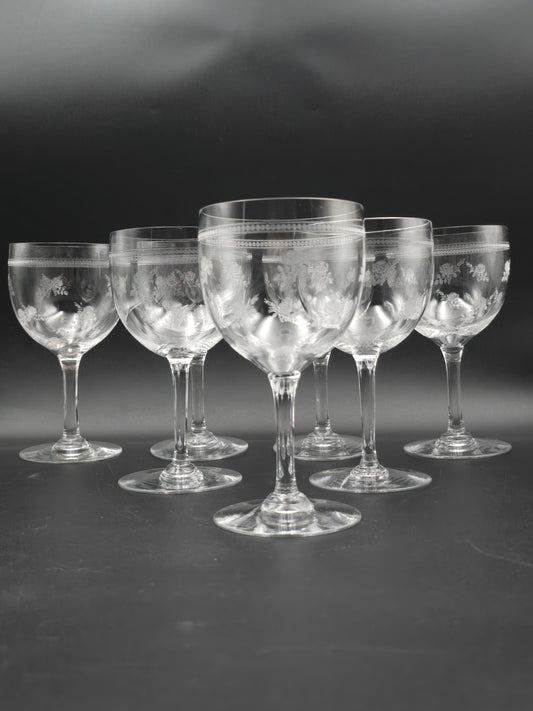 Antique Baccarat “Seme de Roses” Crystal Wine Glasses – Set of 7 Large 350ml Etched Rose Pattern Goblets c.1900 France