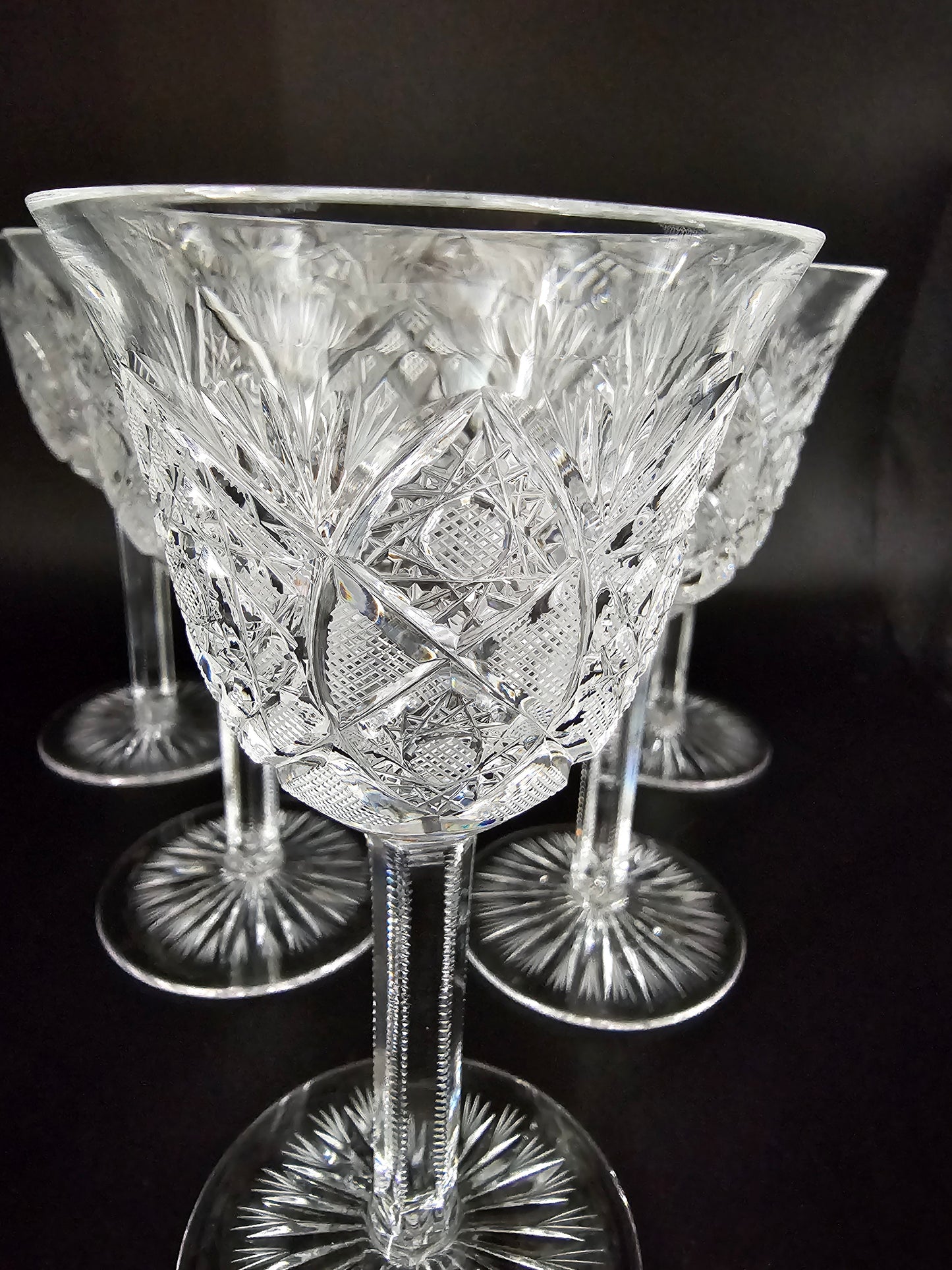 Vintage Set of Six Beautiful Czech Bohemian Clear Cut Crystal Wine or Sherry Glasses. 100ml. 14cm