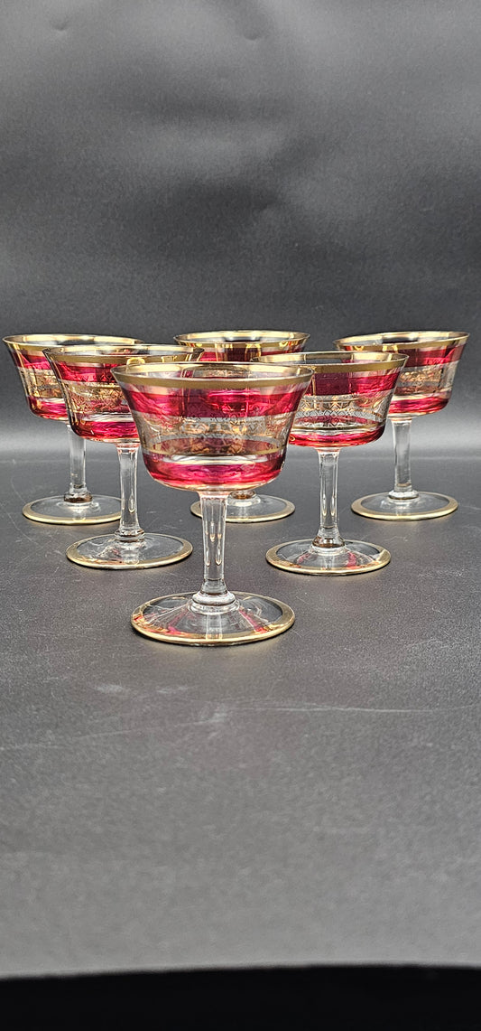 Set of 6 Small Crystal coupes with red and golden coloured detailing. 100ml 9.5cm tall