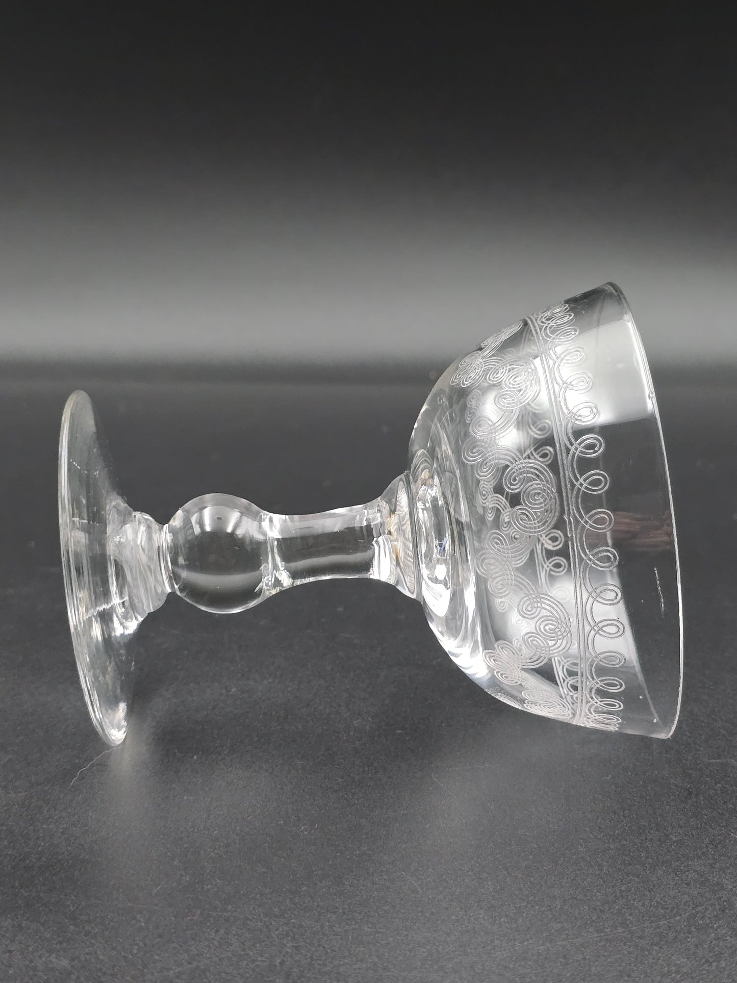 Set of 4 Edwardian Crystal Champagne Coupes – 200ml, Etched Swirl Design, Ball Stem, c.1900s