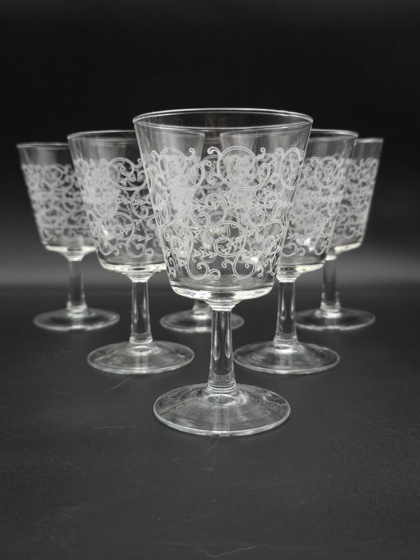 Set of 6 Vintage Etched Glass Wine Goblets – 250ml, Swirl Design, 14cm Tall