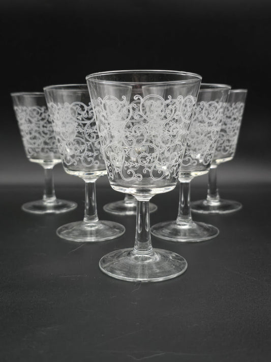 Set of 6 Vintage Etched Glass Wine Goblets – 250ml, Swirl Design, 14cm Tall