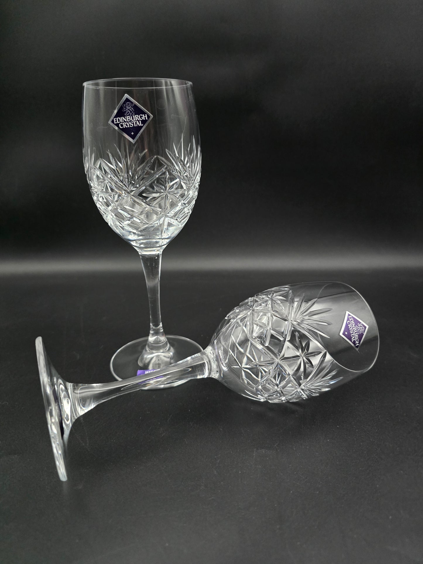 Pair of Large Edinburgh Crystal Duet Pattern Crystal wine glasses 250ml 18.5cm tall.