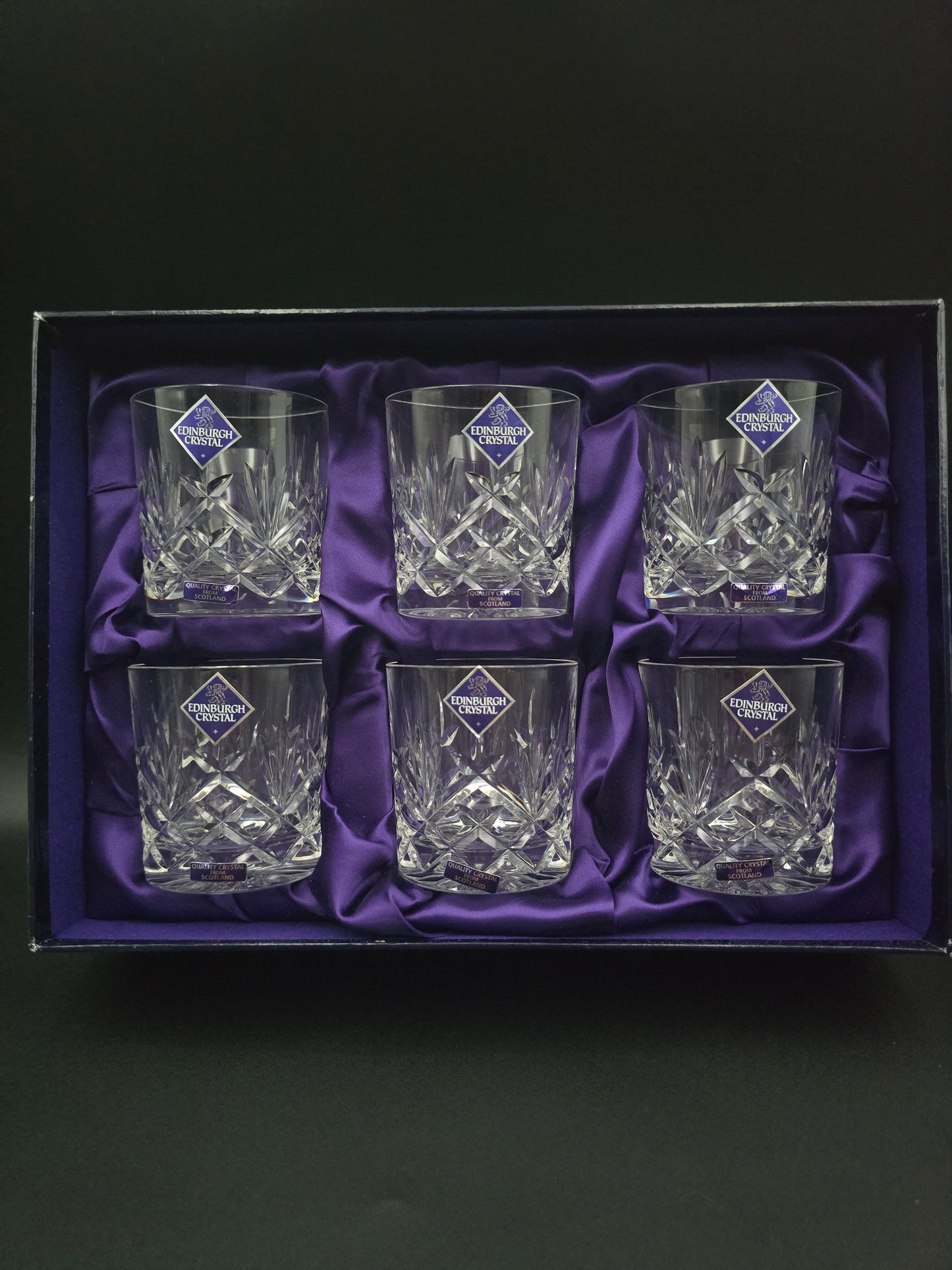 Boxed Set of 6 Edinburgh Crystal Tumblers – 7oz | Fan & Leaf Cut | Star Base | Satin-Lined Case | Scotland c.1990s–2000s