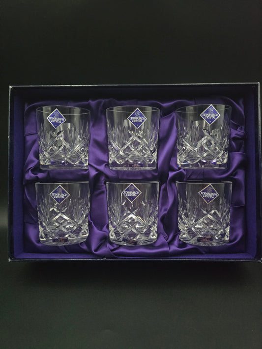 Boxed Set of 6 Edinburgh Crystal Tumblers – 7oz | Fan & Leaf Cut | Star Base | Satin-Lined Case | Scotland c.1990s–2000s